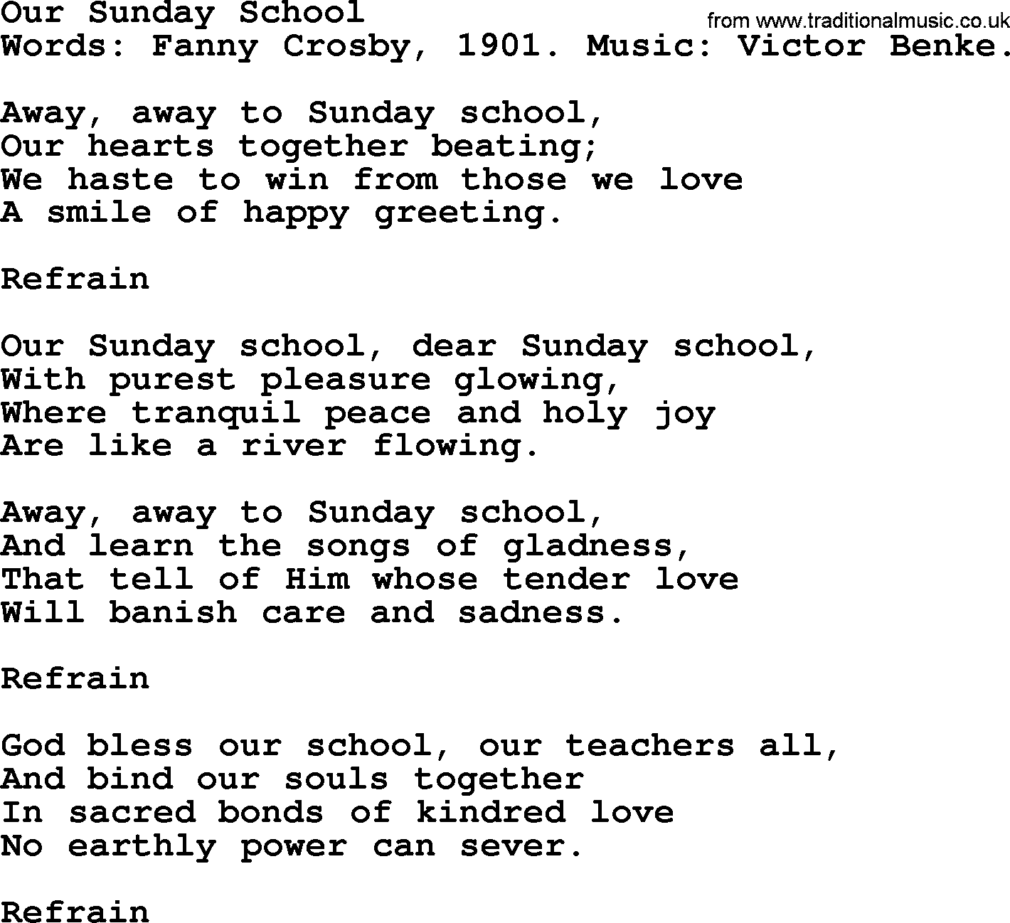 Fanny Crosby song: Our Sunday School, lyrics