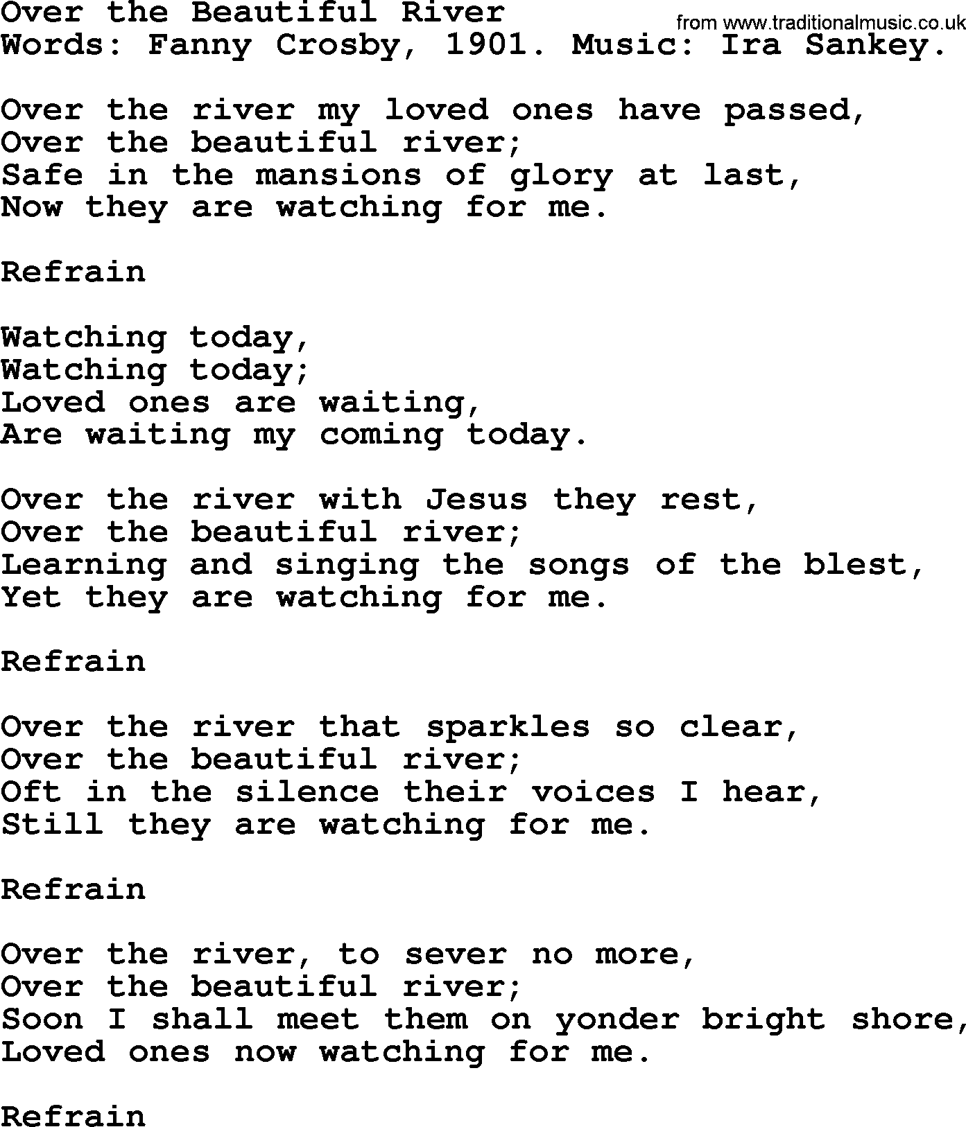 Fanny Crosby song: Over The Beautiful River, lyrics