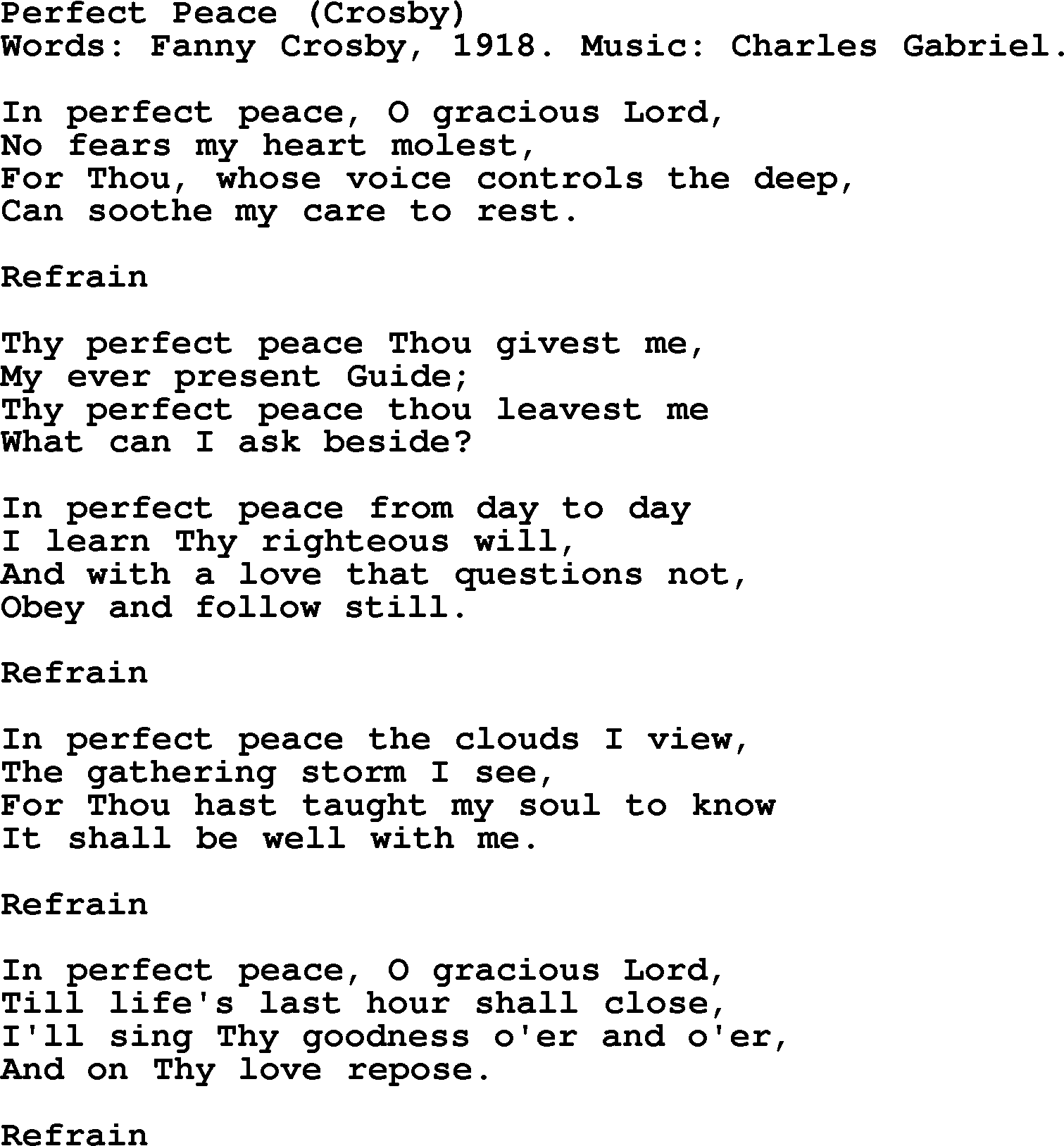 Fanny Crosby song: Perfect Peace, lyrics
