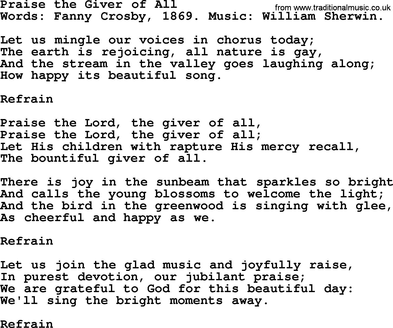 Fanny Crosby song: Praise The Giver Of All, lyrics