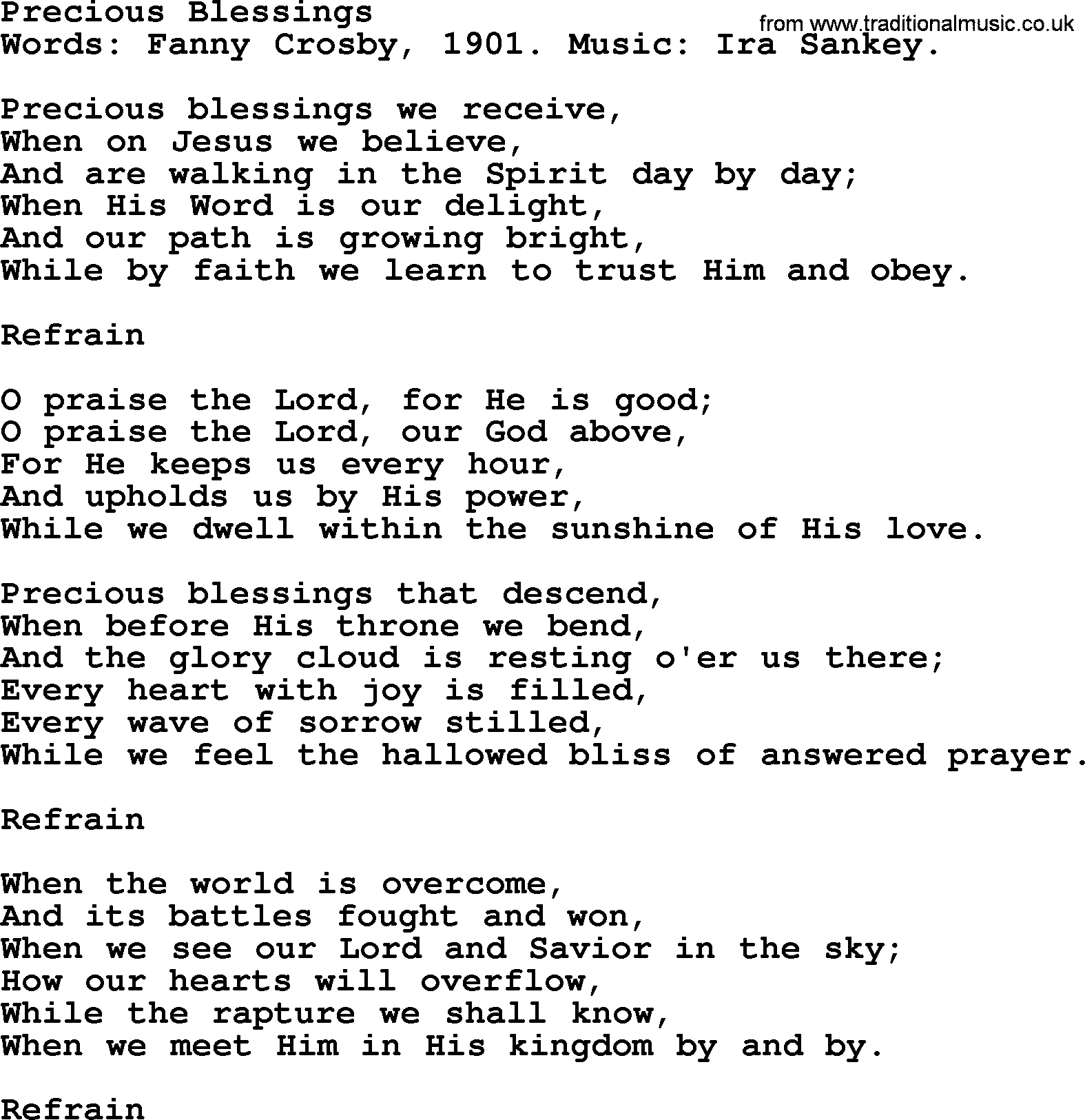 Fanny Crosby song: Precious Blessings, lyrics