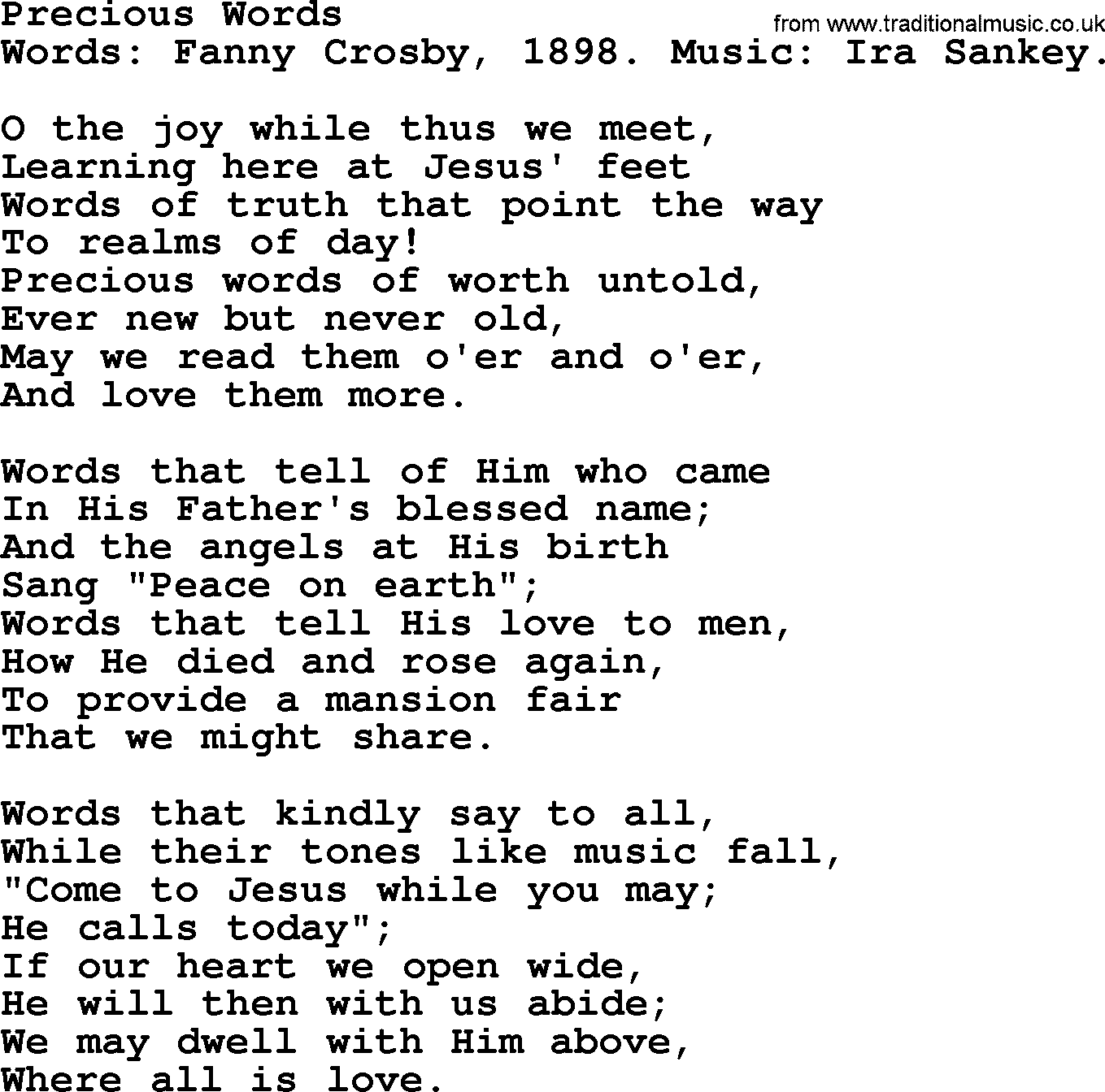 Fanny Crosby song: Precious Words, lyrics