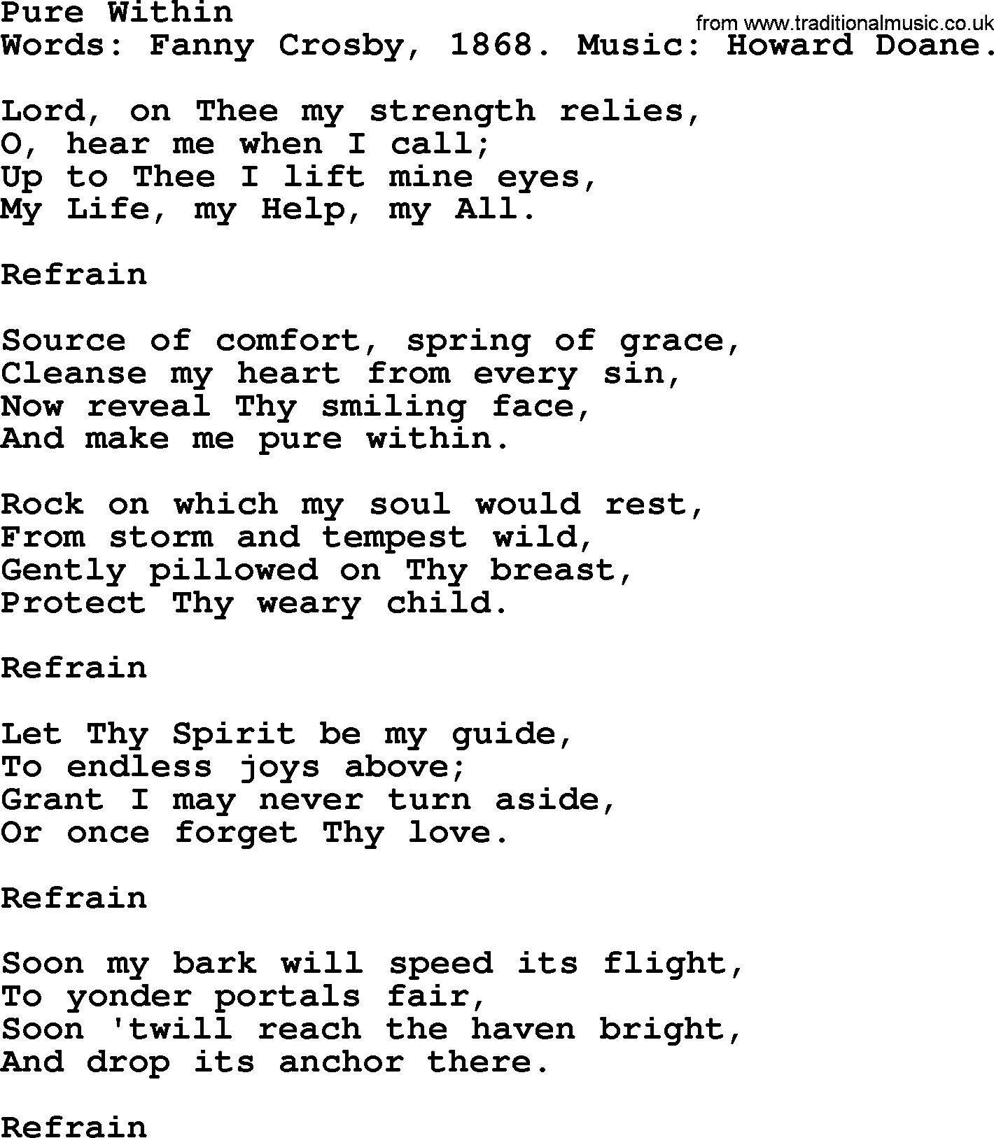 Fanny Crosby song: Pure Within, lyrics