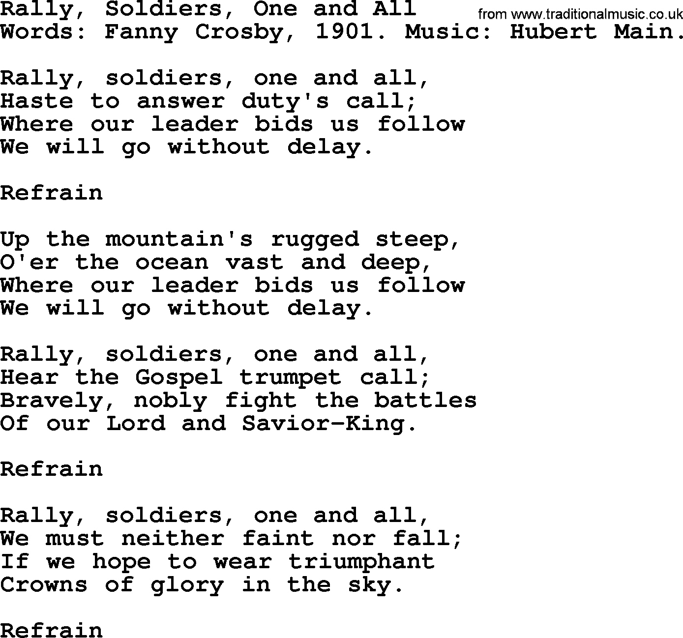 Fanny Crosby song: Rally, Soldiers, One And All, lyrics