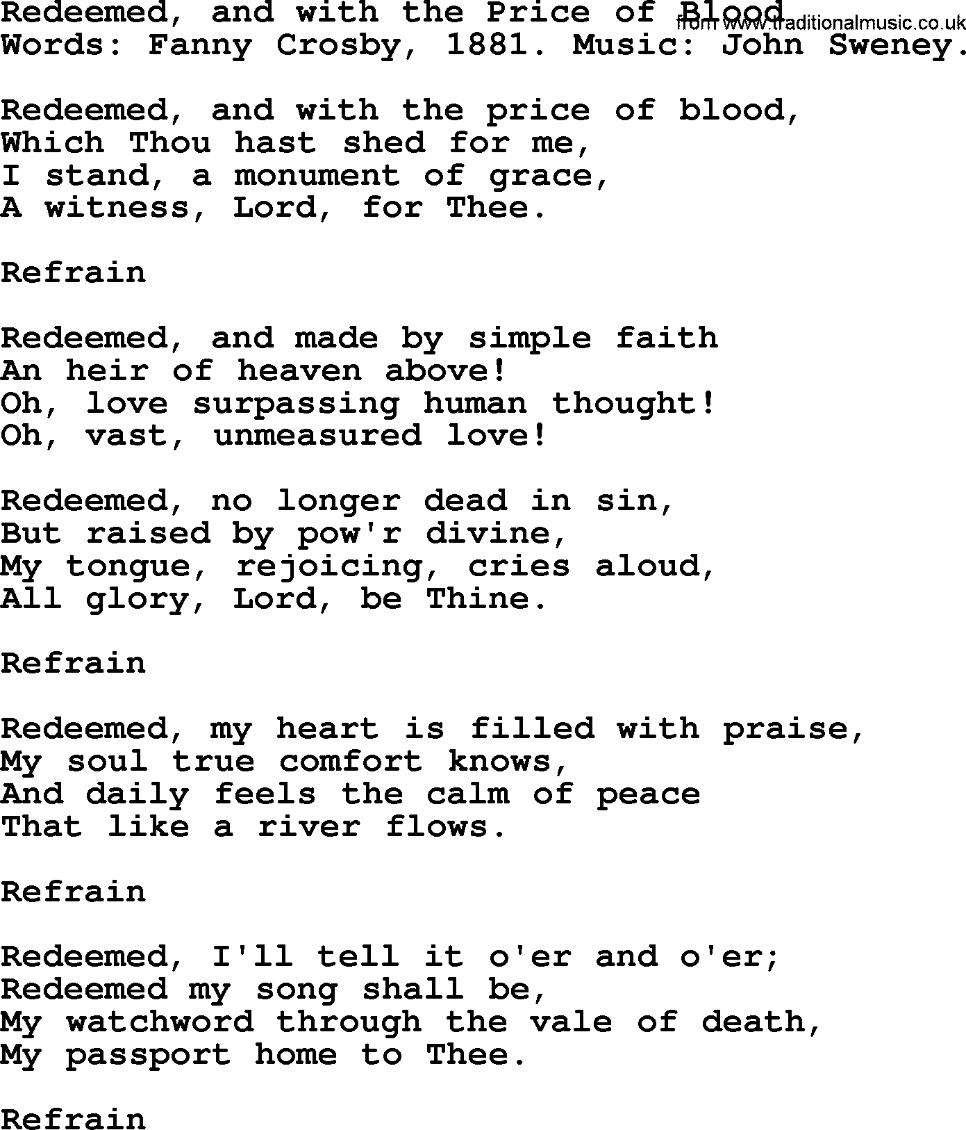 Fanny Crosby song: Redeemed, And With The Price Of Blood, lyrics