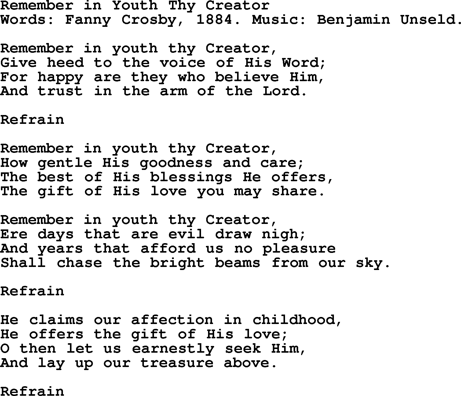 Fanny Crosby song: Remember In Youth Thy Creator, lyrics