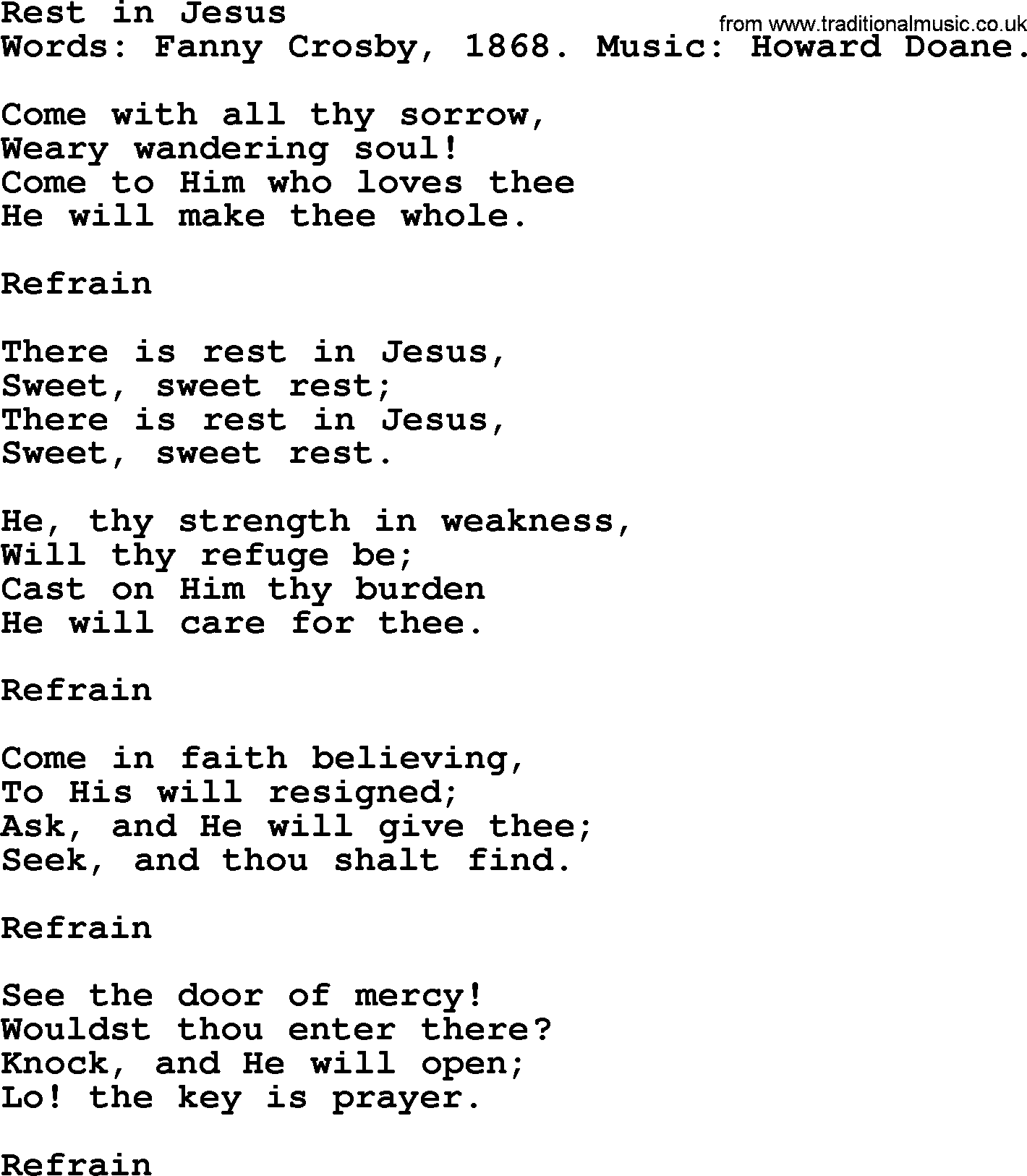 Fanny Crosby song: Rest In Jesus, lyrics