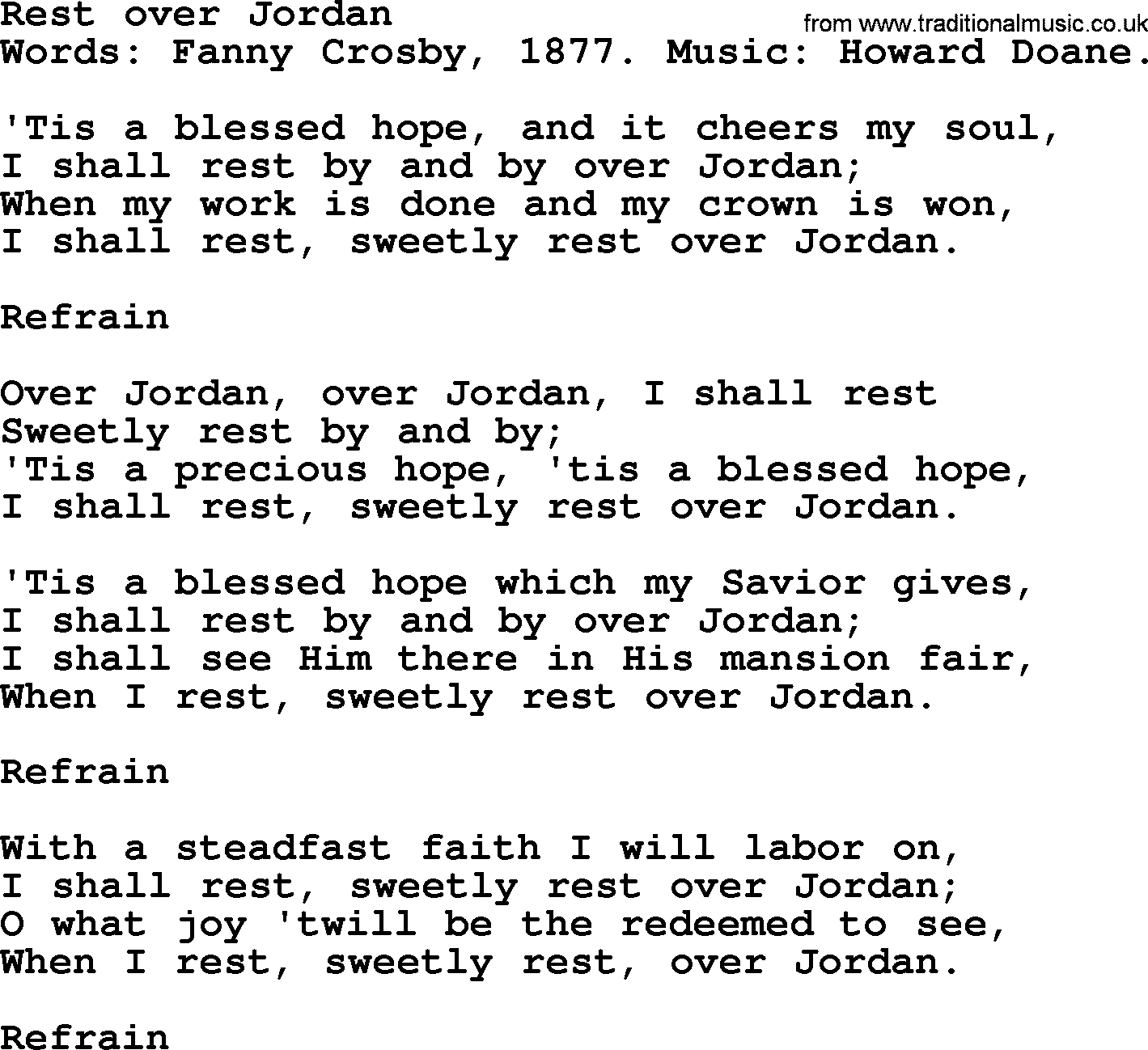 Fanny Crosby song: Rest Over Jordan, lyrics