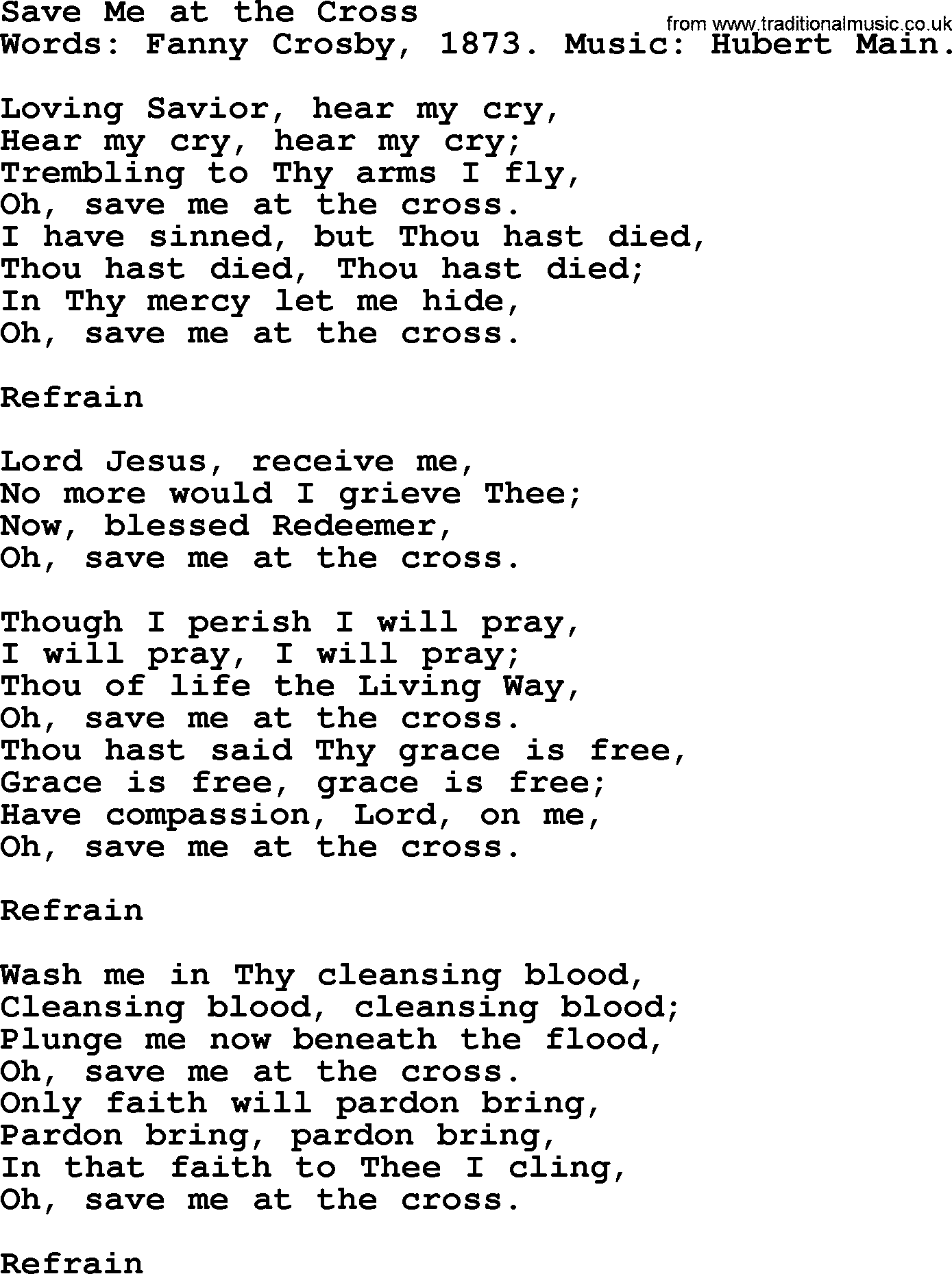 Fanny Crosby song: Save Me At The Cross, lyrics