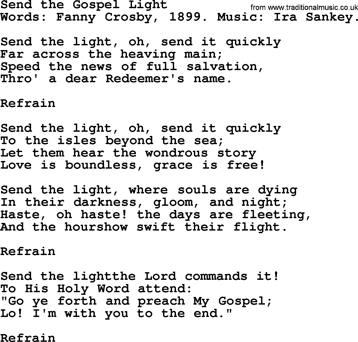 Fanny Crosby song: Send The Gospel Light, lyrics