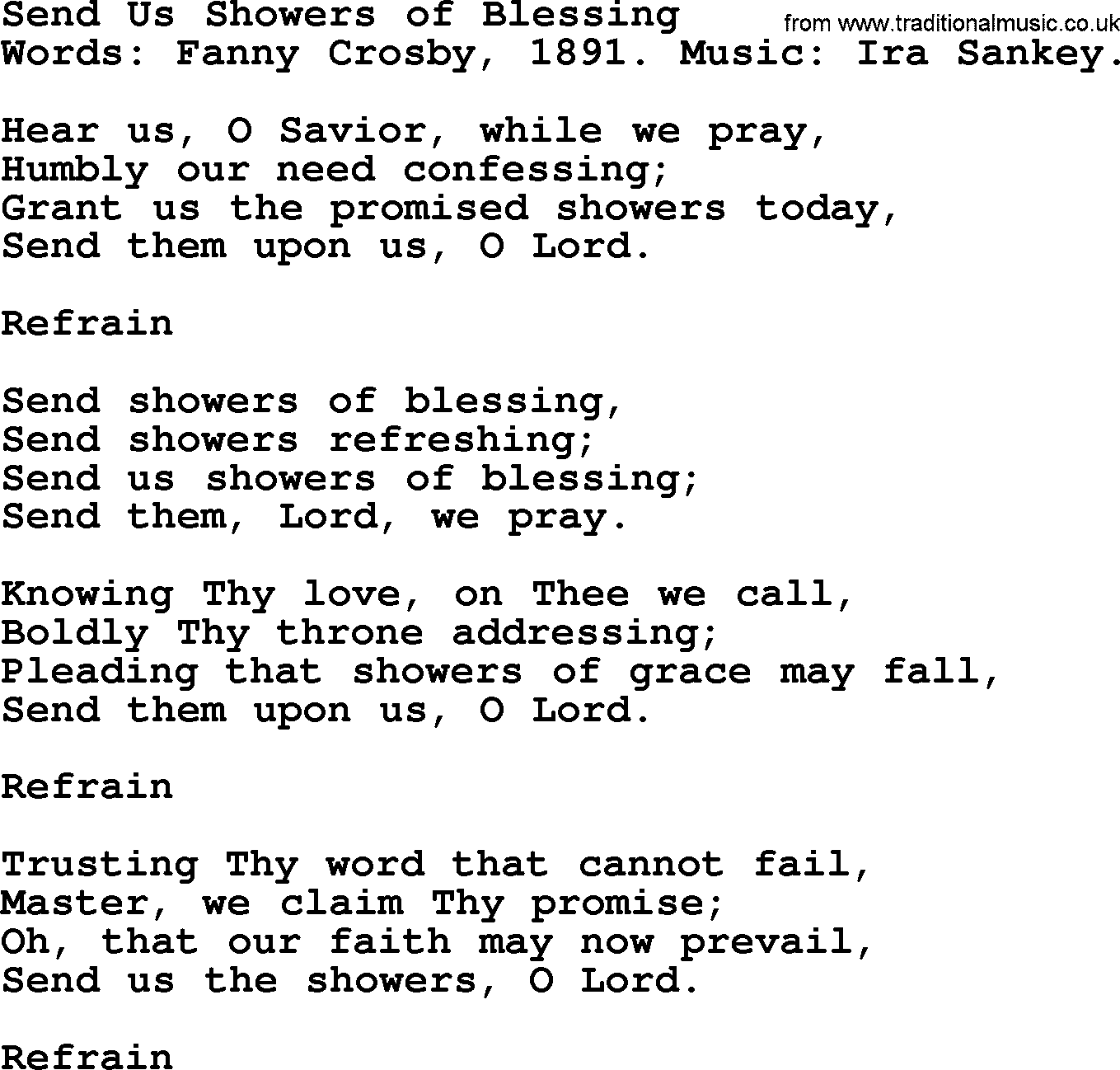 Fanny Crosby song: Send Us Showers Of Blessing, lyrics