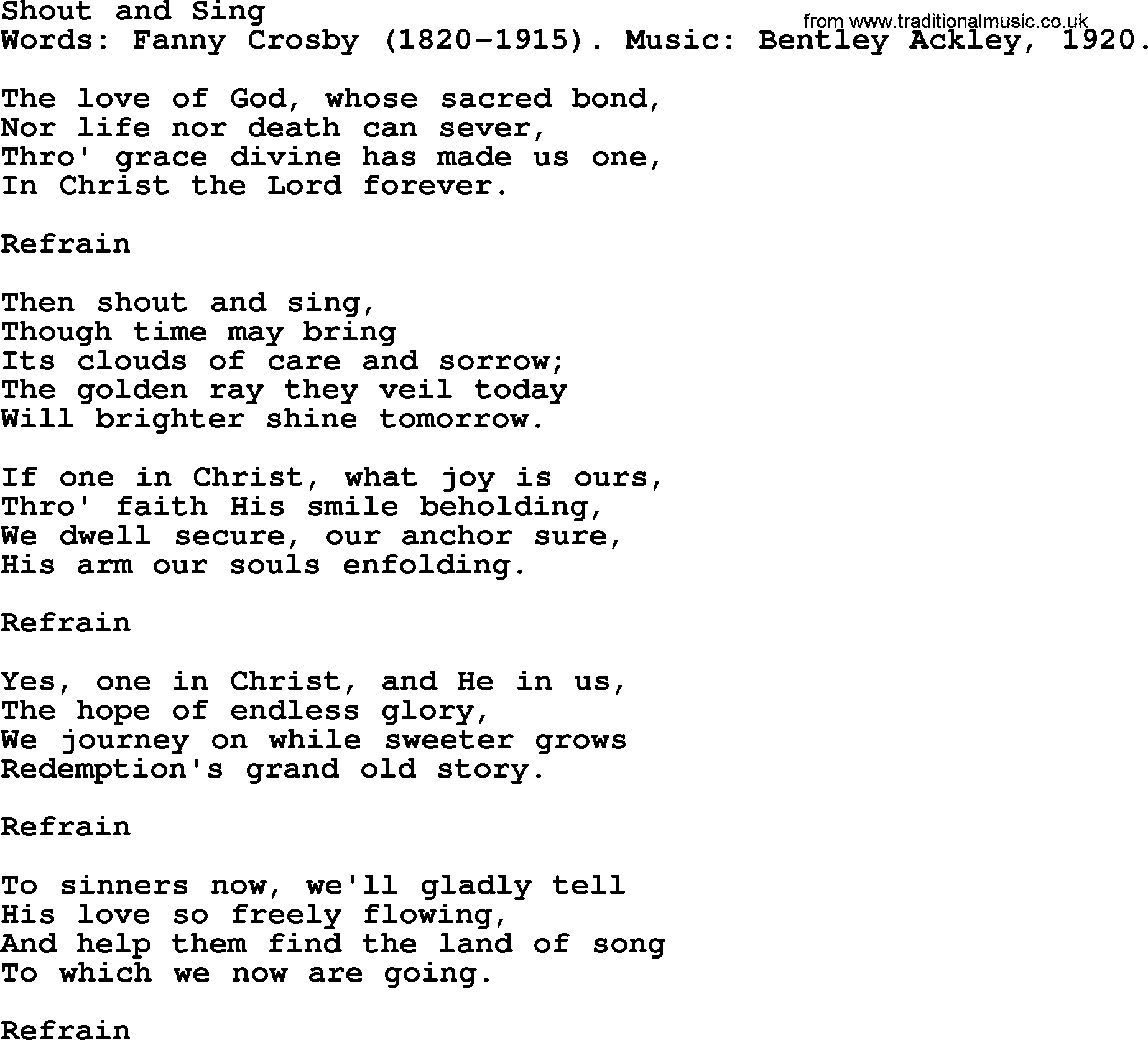 Fanny Crosby song: Shout And Sing, lyrics