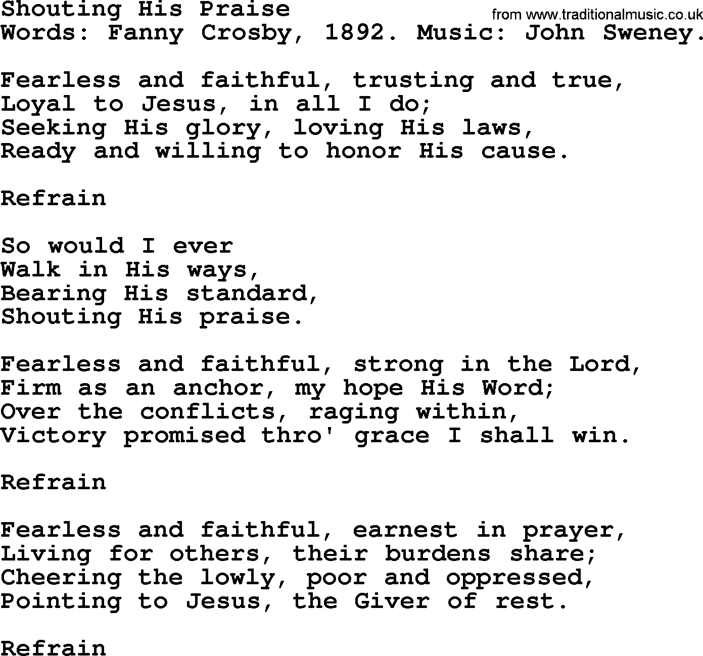 Fanny Crosby song: Shouting His Praise, lyrics
