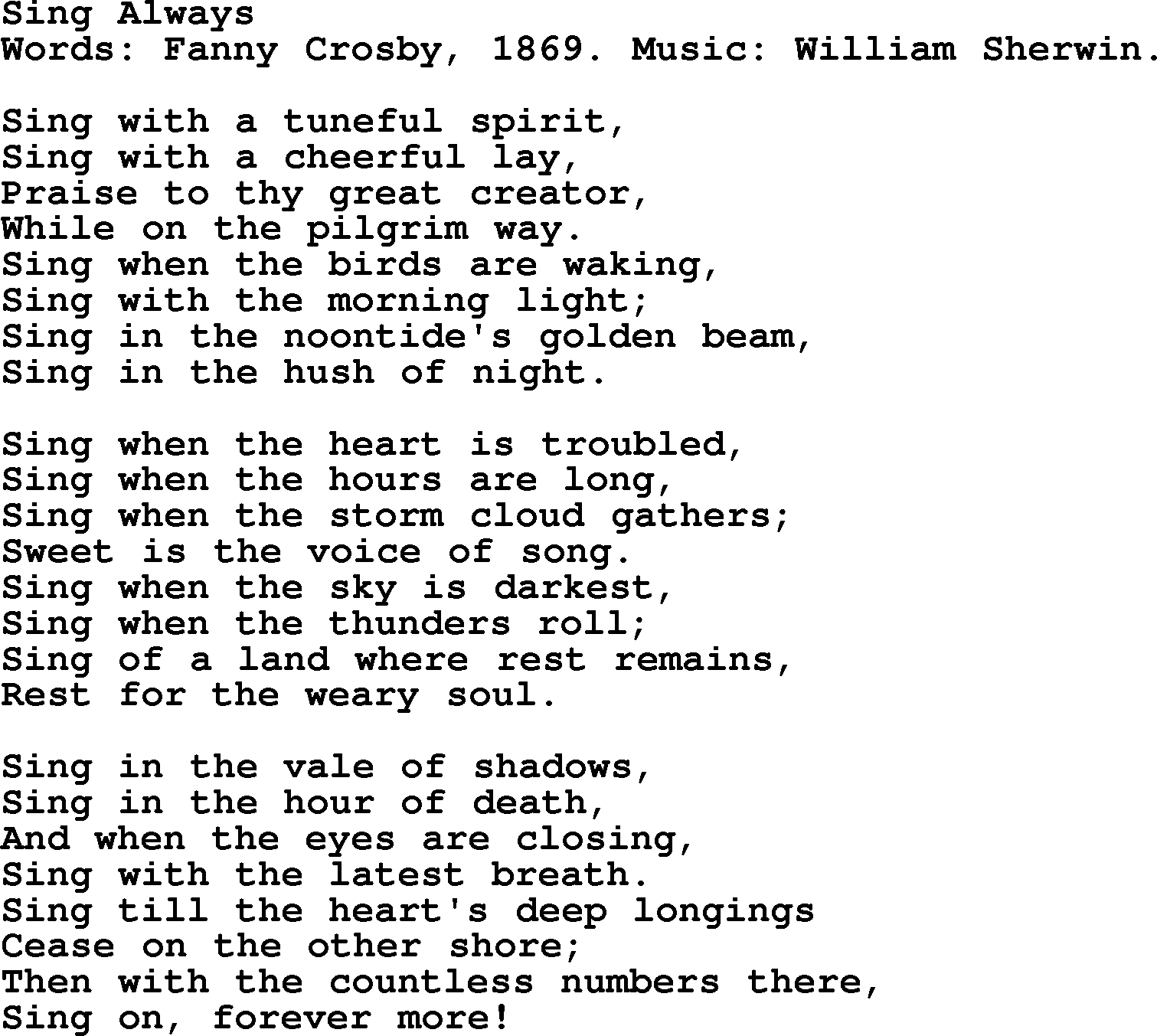 Fanny Crosby song: Sing Always, lyrics