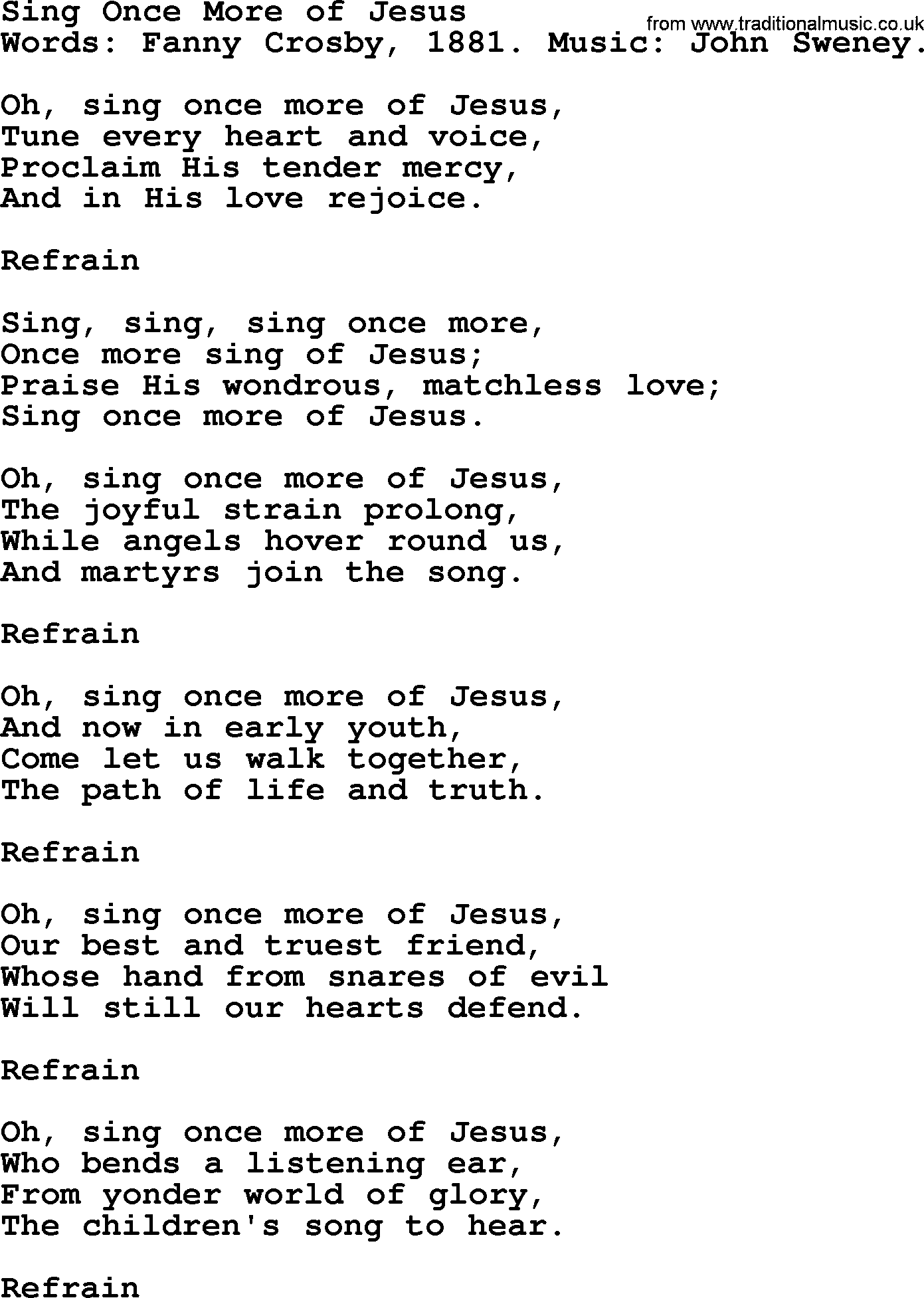 Fanny Crosby song: Sing Once More Of Jesus, lyrics