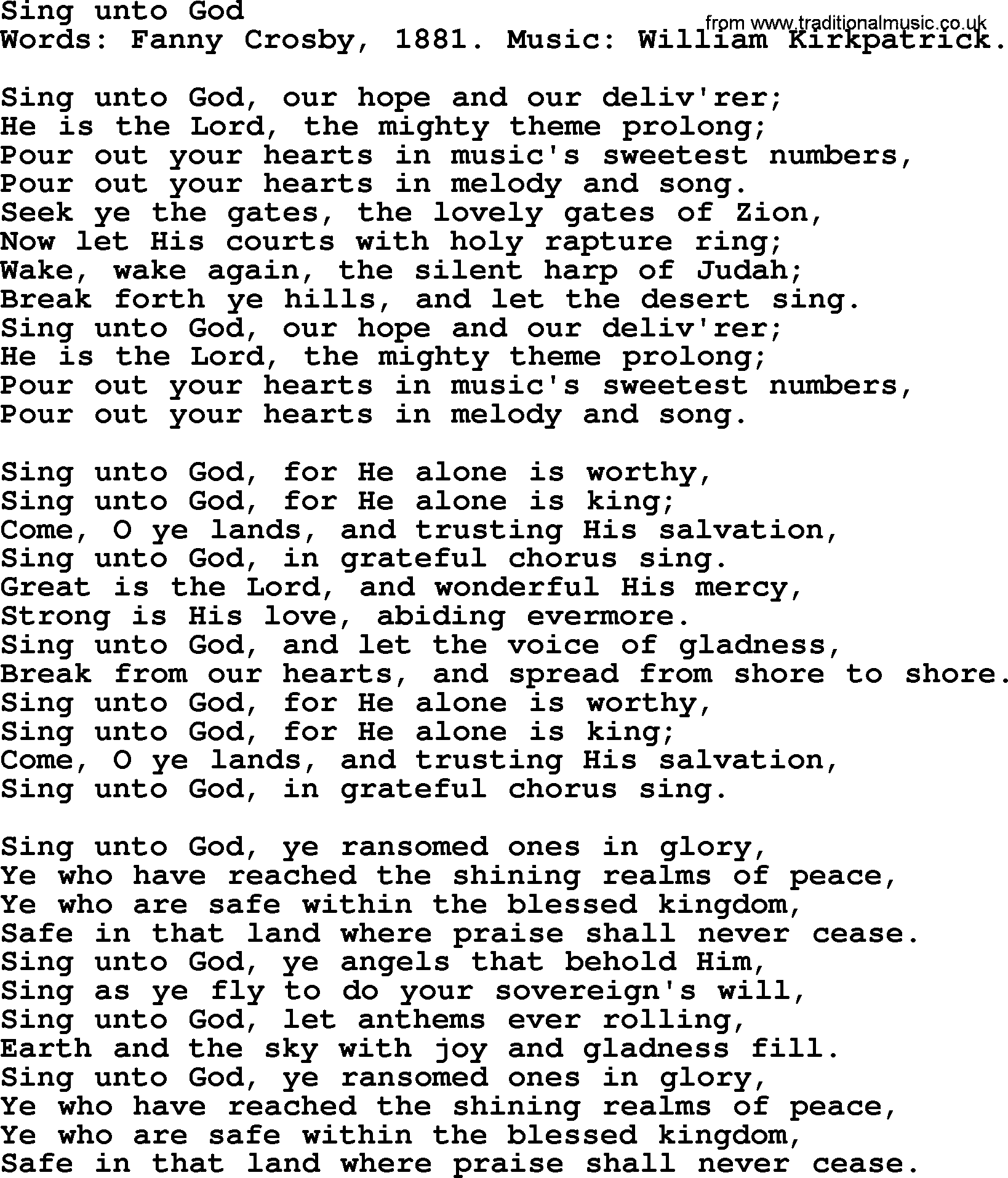 Fanny Crosby song: Sing Unto God, lyrics