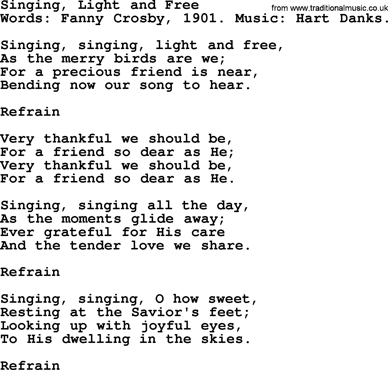 Fanny Crosby song: Singing, Light And Free, lyrics