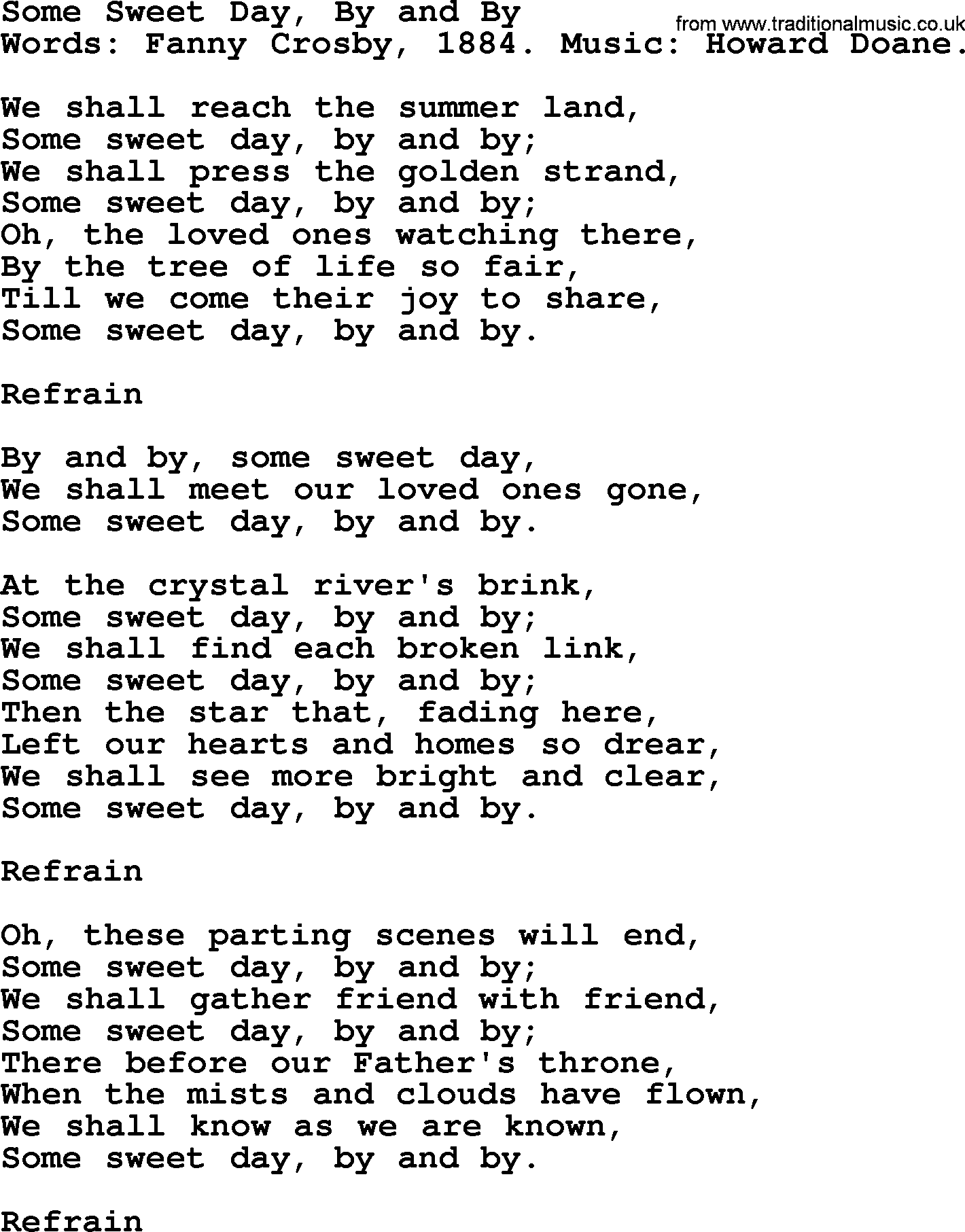 Fanny Crosby song: Some Sweet Day, By And By, lyrics