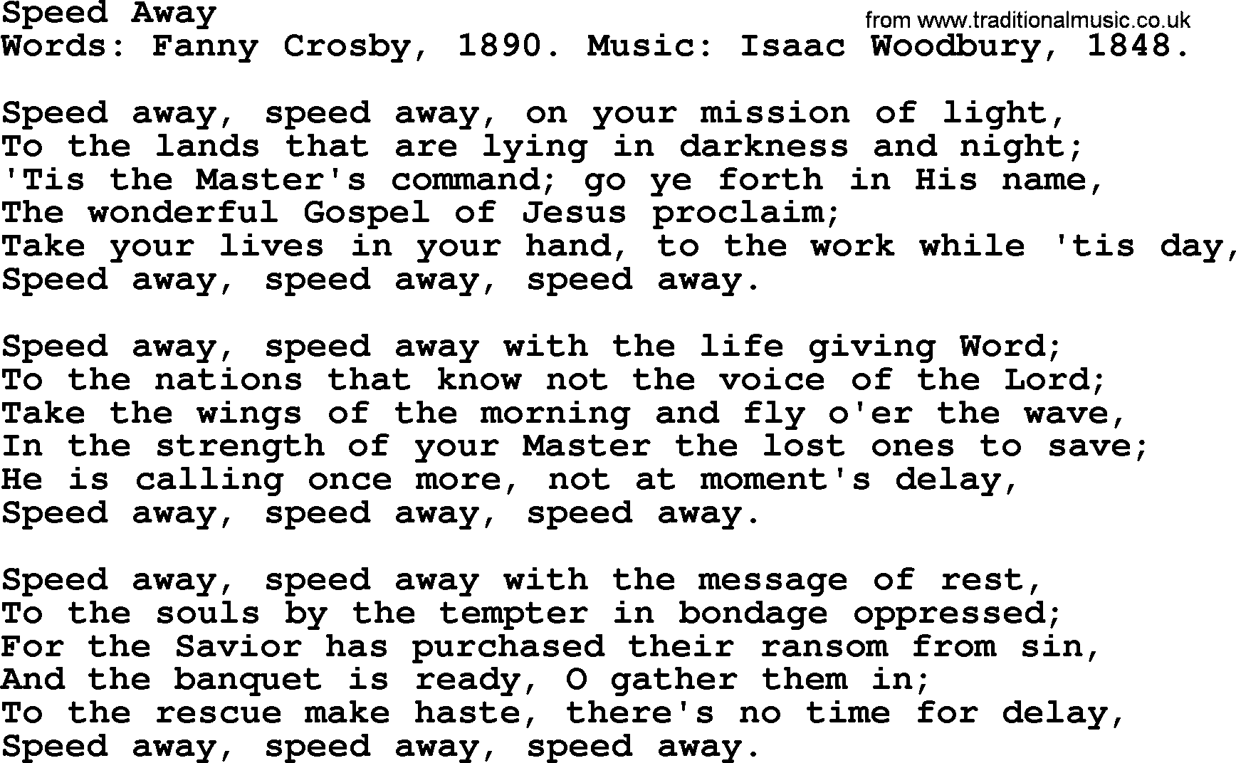 Fanny Crosby song: Speed Away, lyrics