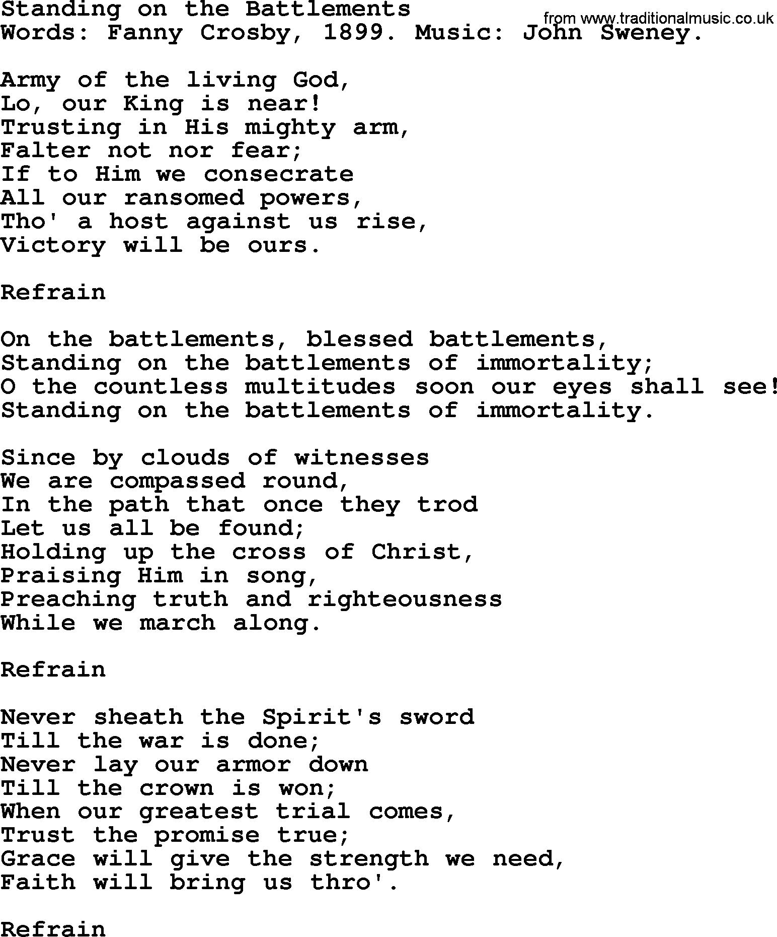 Fanny Crosby song: Standing On The Battlements, lyrics