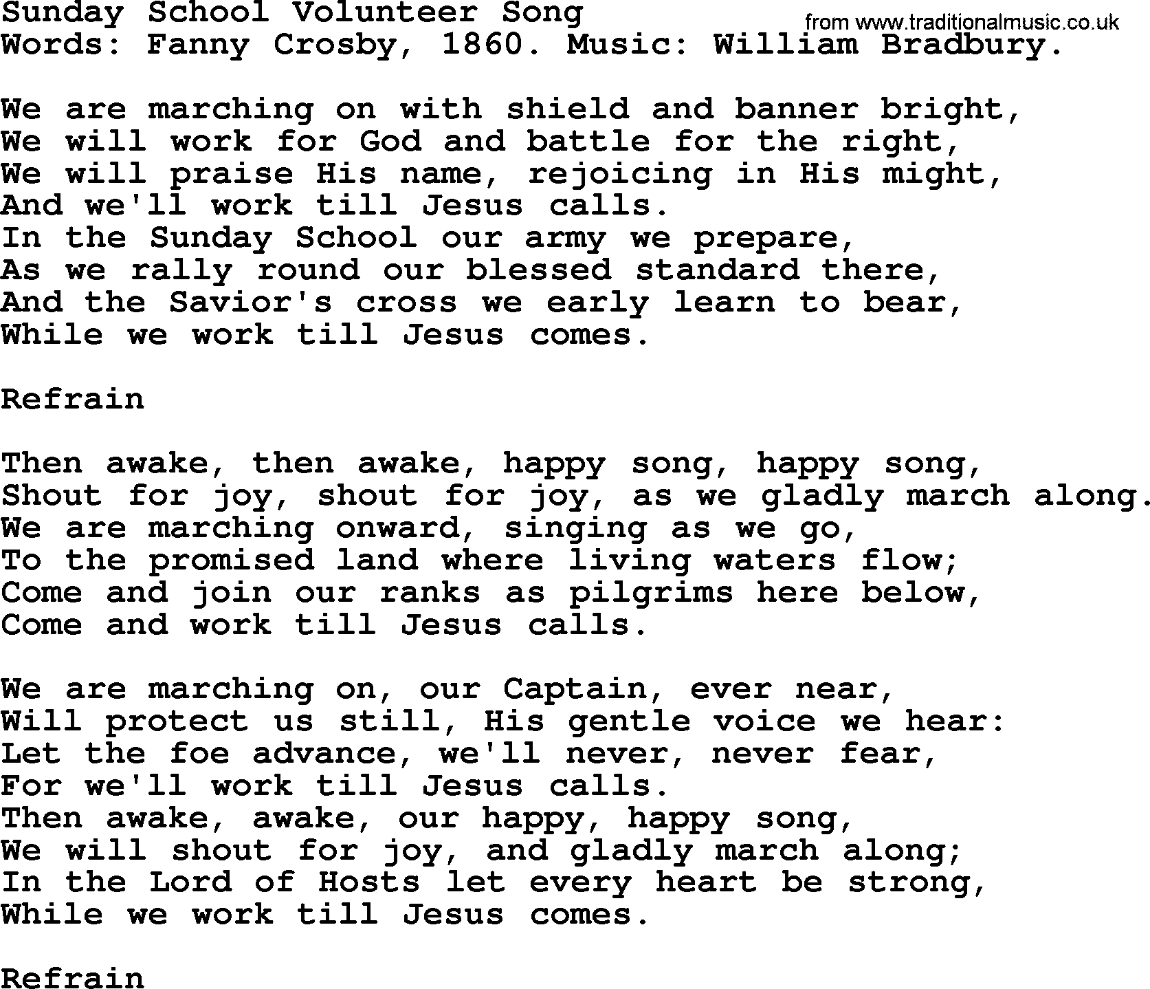 Fanny Crosby song: Sunday School Volunteer Song, lyrics