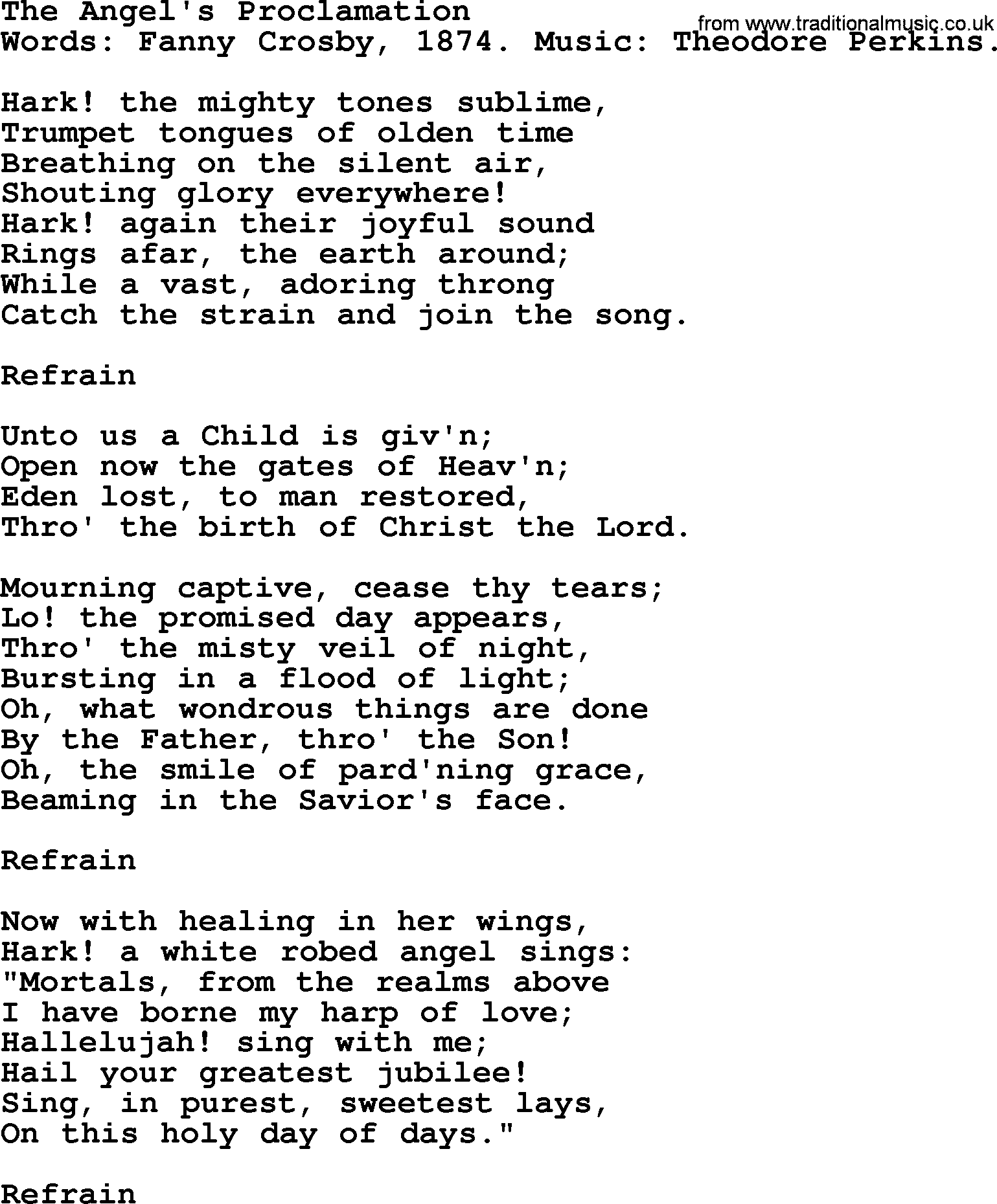 Fanny Crosby song: The Angel's Proclamation, lyrics