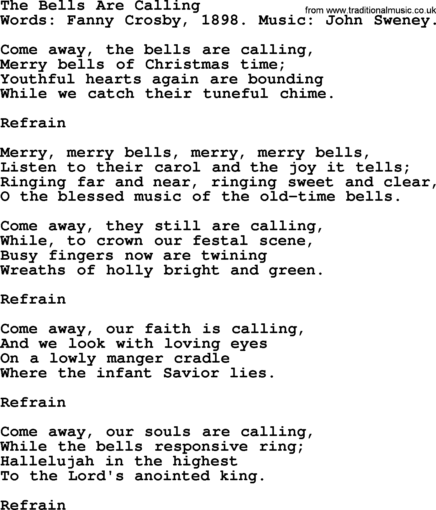 Fanny Crosby song: The Bells Are Calling, lyrics