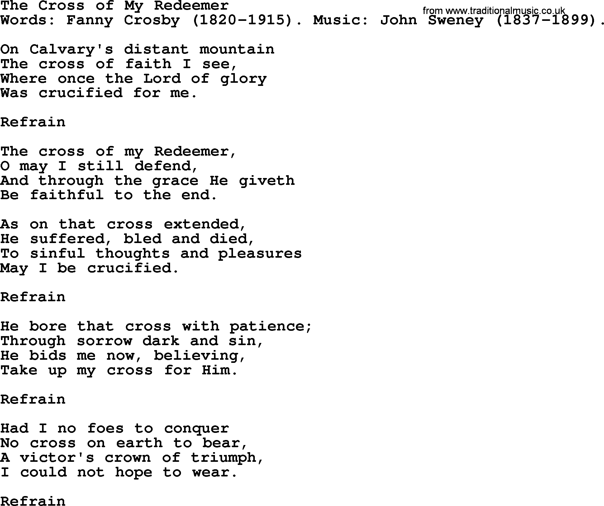 Fanny Crosby song: The Cross Of My Redeemer, lyrics