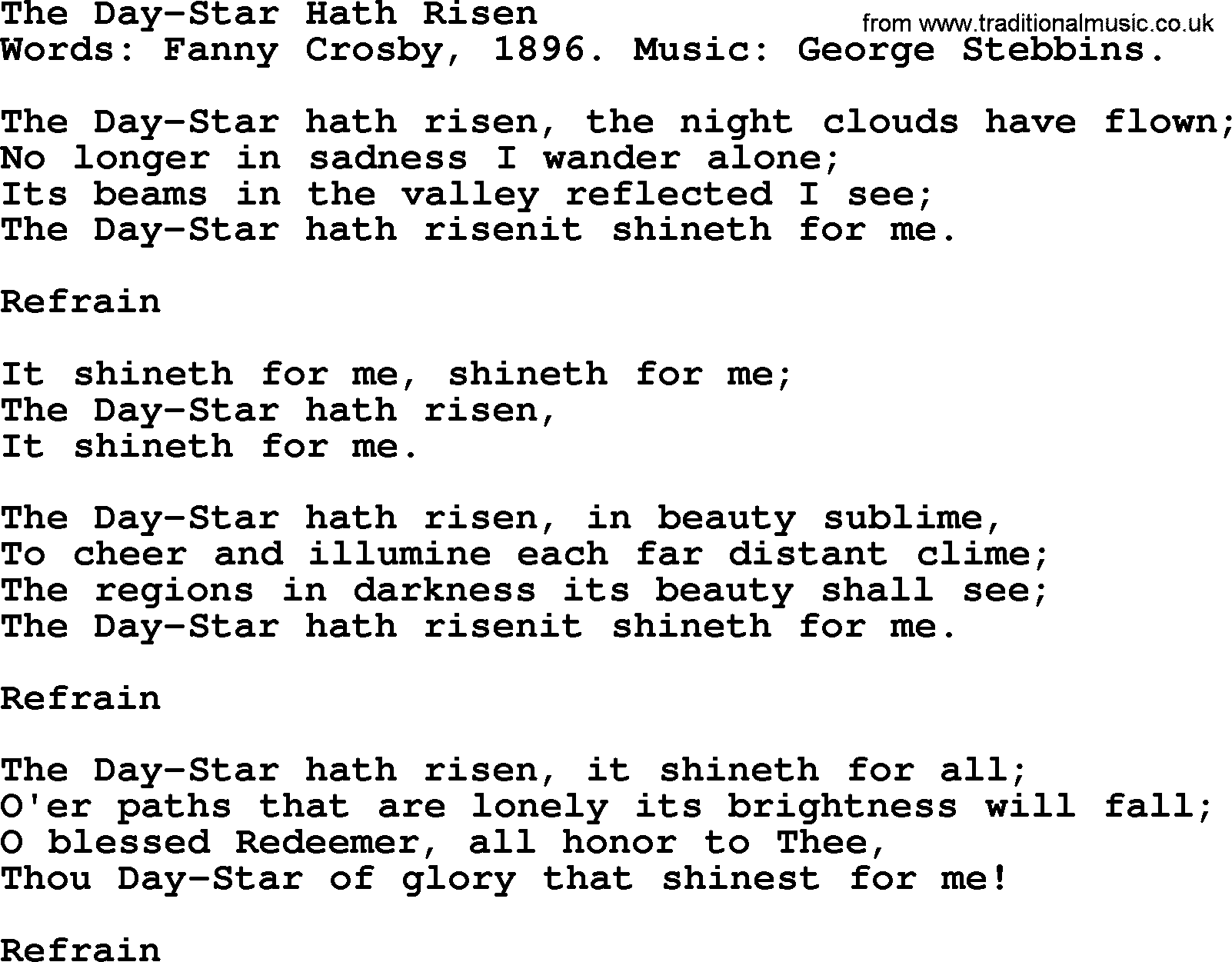 Fanny Crosby song: The Day-Star Hath Risen, lyrics
