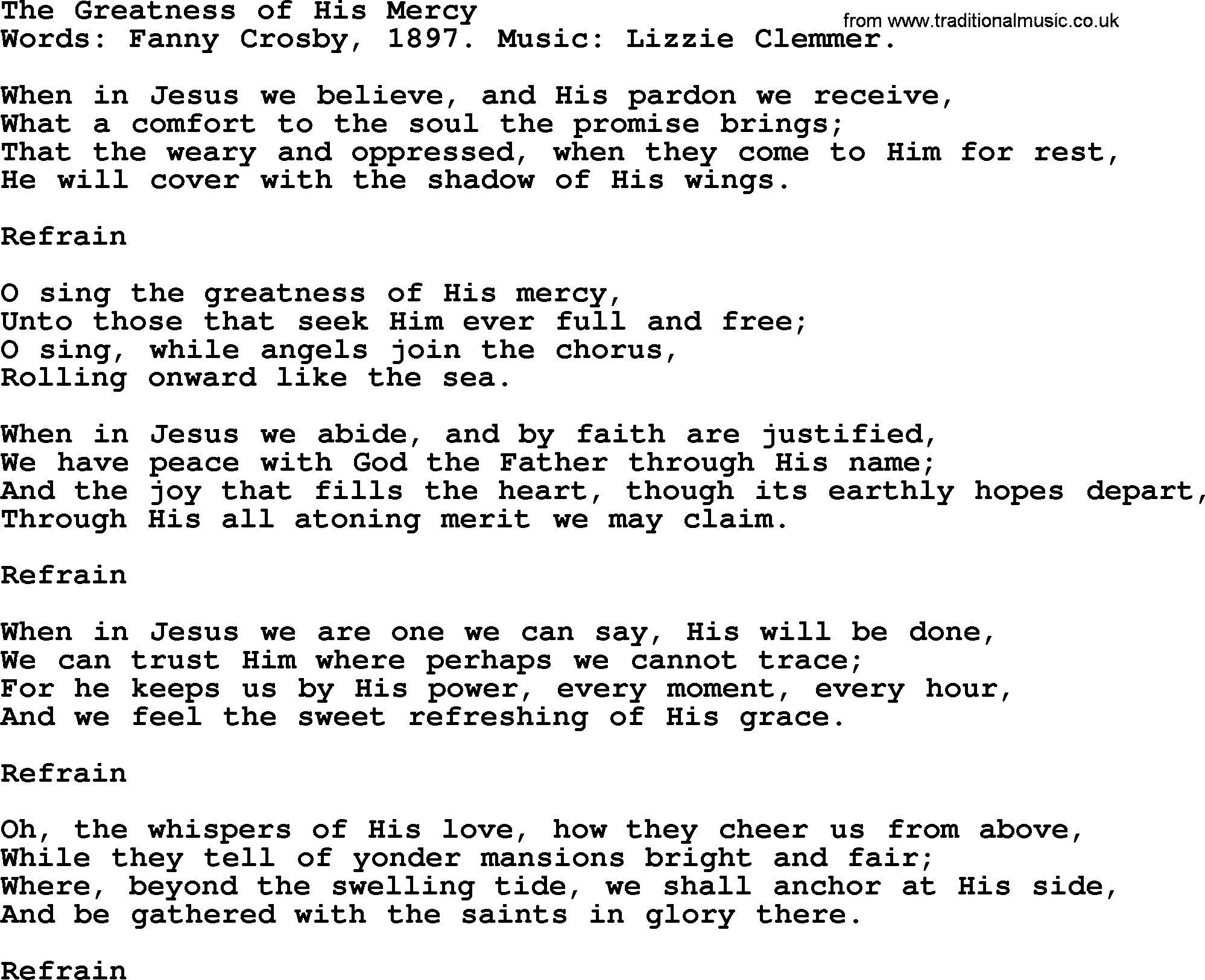 Fanny Crosby song: The Greatness Of His Mercy, lyrics