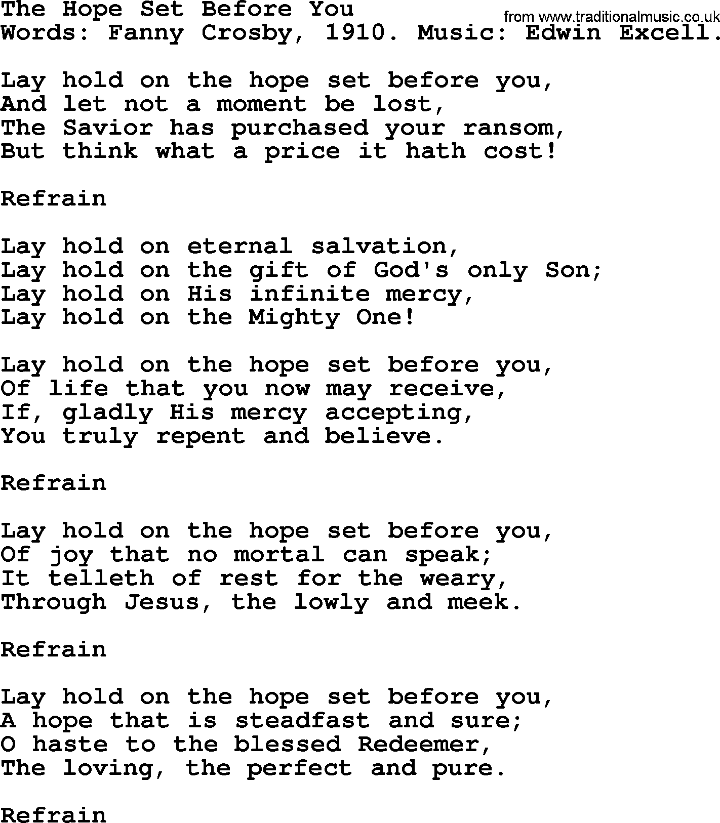 Fanny Crosby song: The Hope Set Before You, lyrics