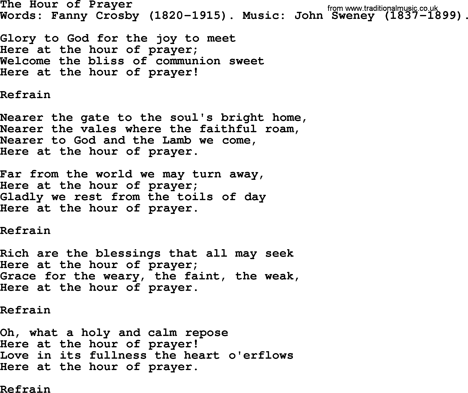 Fanny Crosby song: The Hour Of Prayer, lyrics