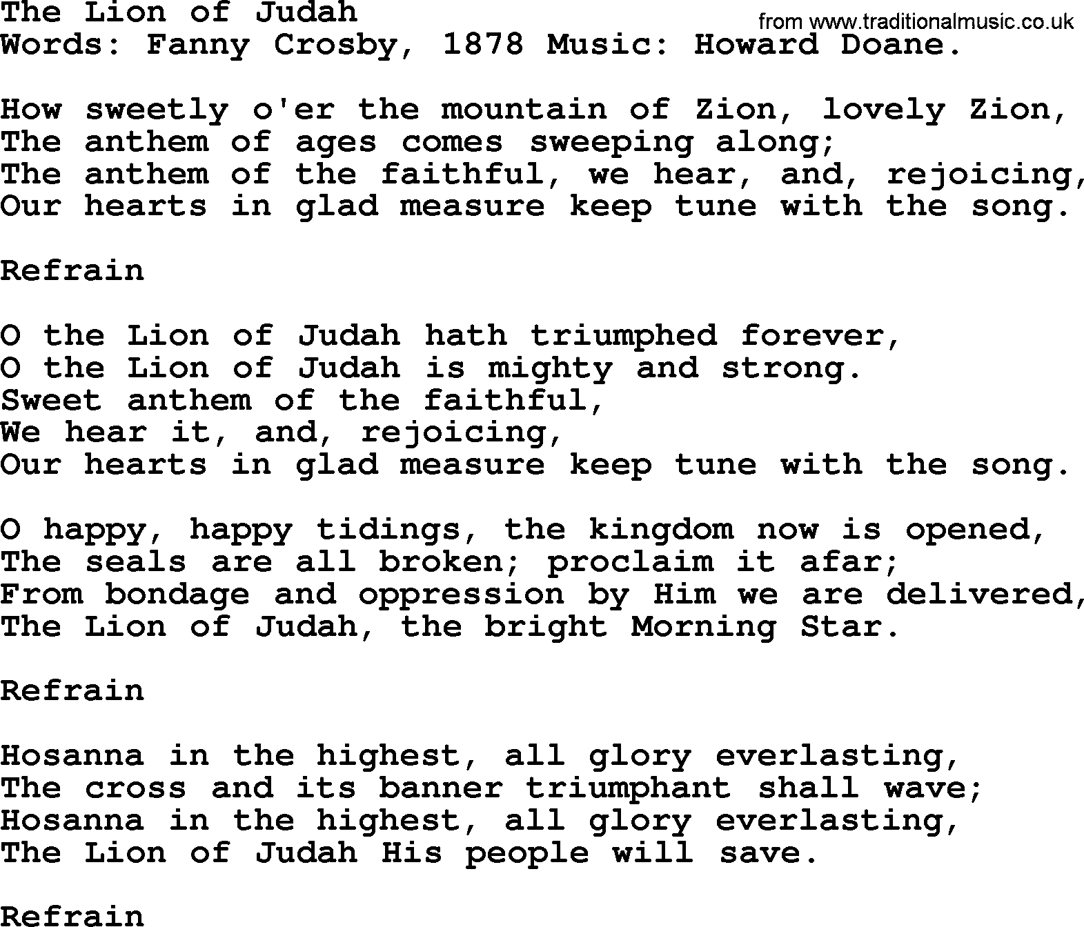 Fanny Crosby song: The Lion Of Judah, lyrics