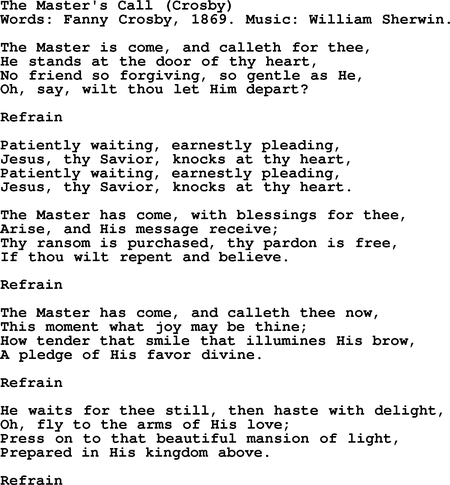 Fanny Crosby song: The Master's Call, lyrics