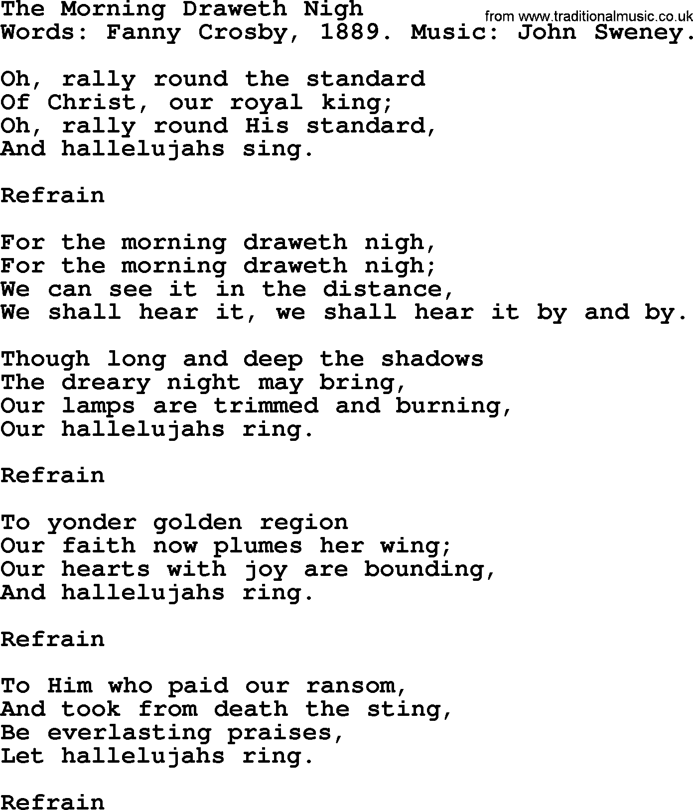 Fanny Crosby song: The Morning Draweth Nigh, lyrics