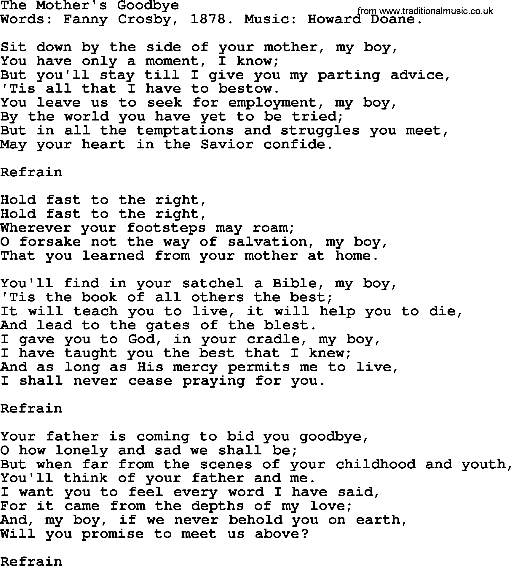 Fanny Crosby song: The Mother's Goodbye, lyrics