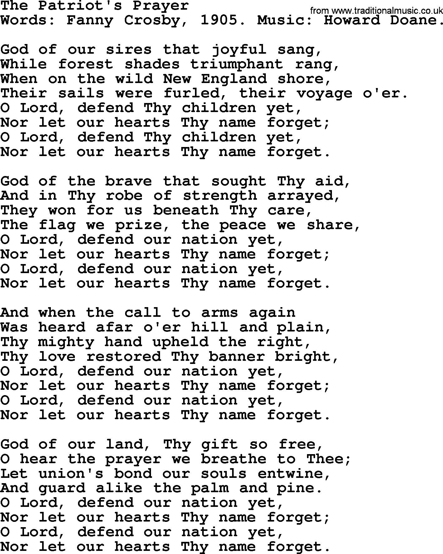 Fanny Crosby song: The Patriot's Prayer, lyrics