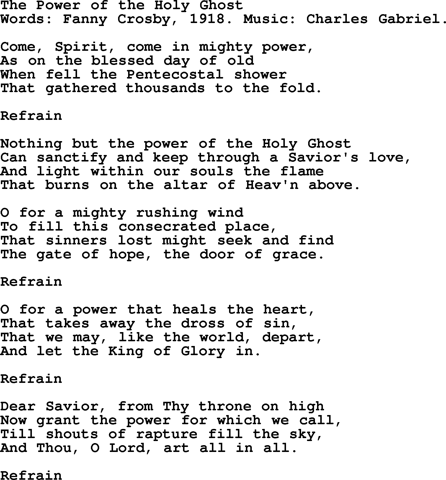 Fanny Crosby song: The Power Of The Holy Ghost, lyrics