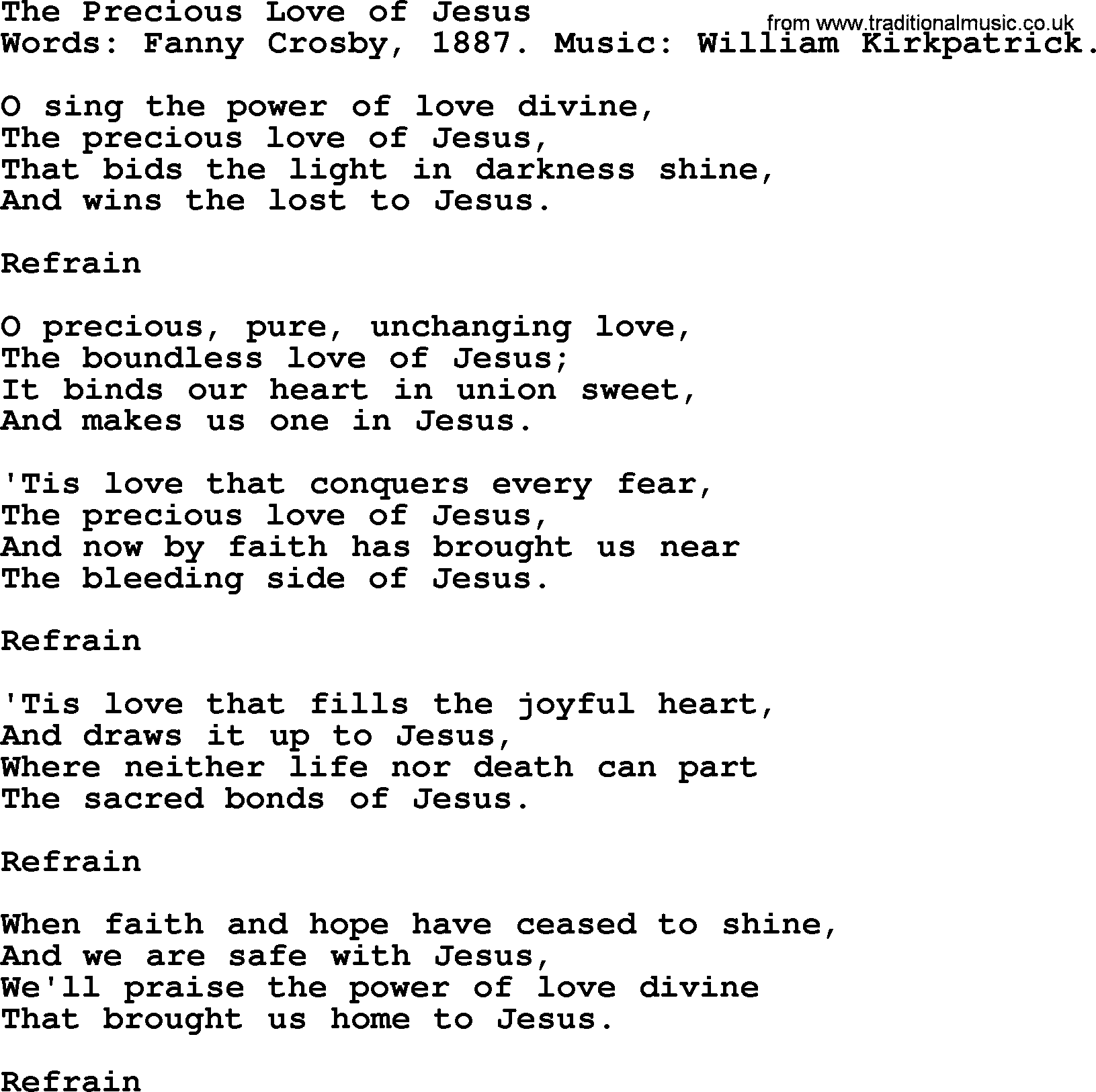 Fanny Crosby song: The Precious Love Of Jesus, lyrics