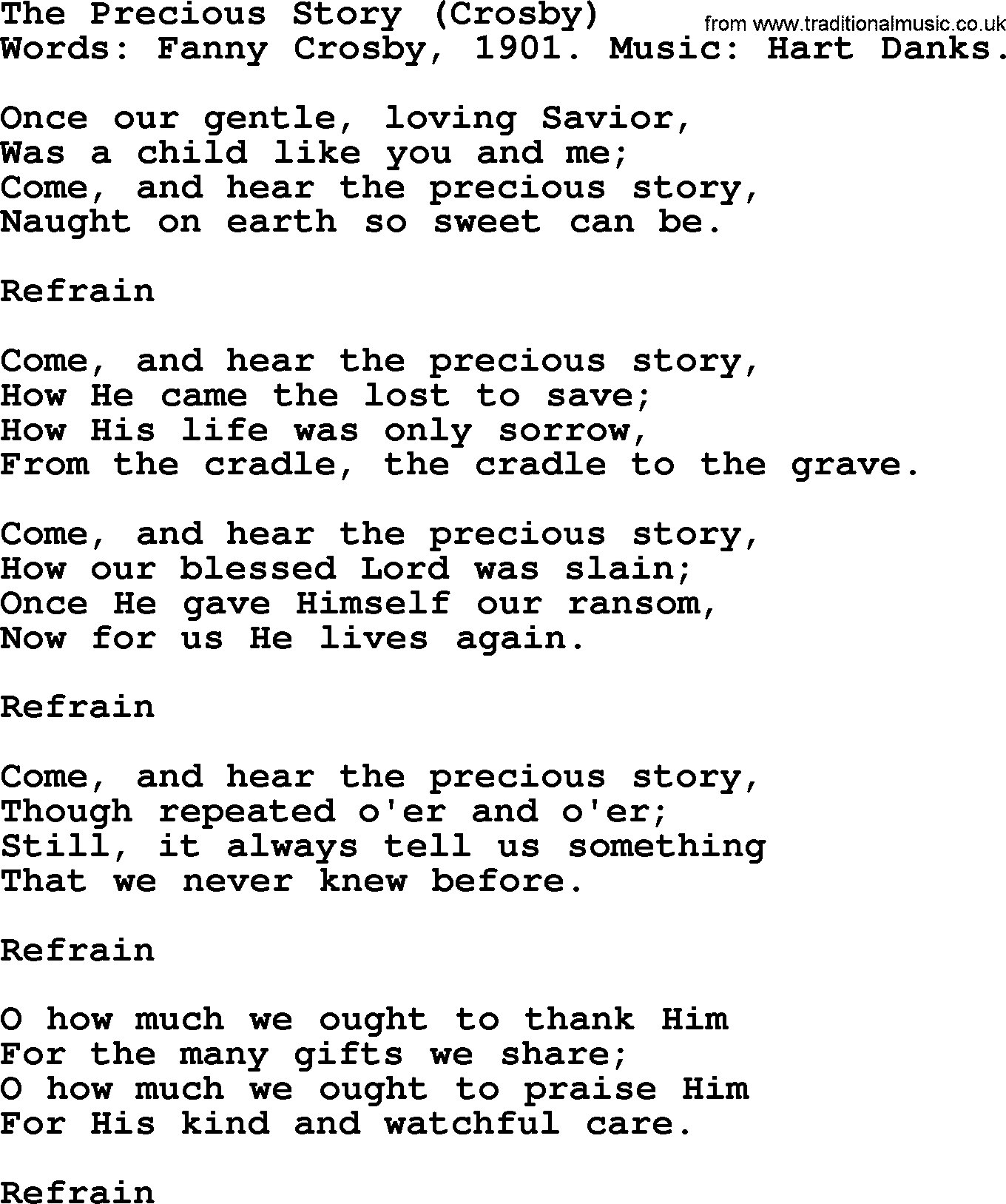 Fanny Crosby song: The Precious Story, lyrics