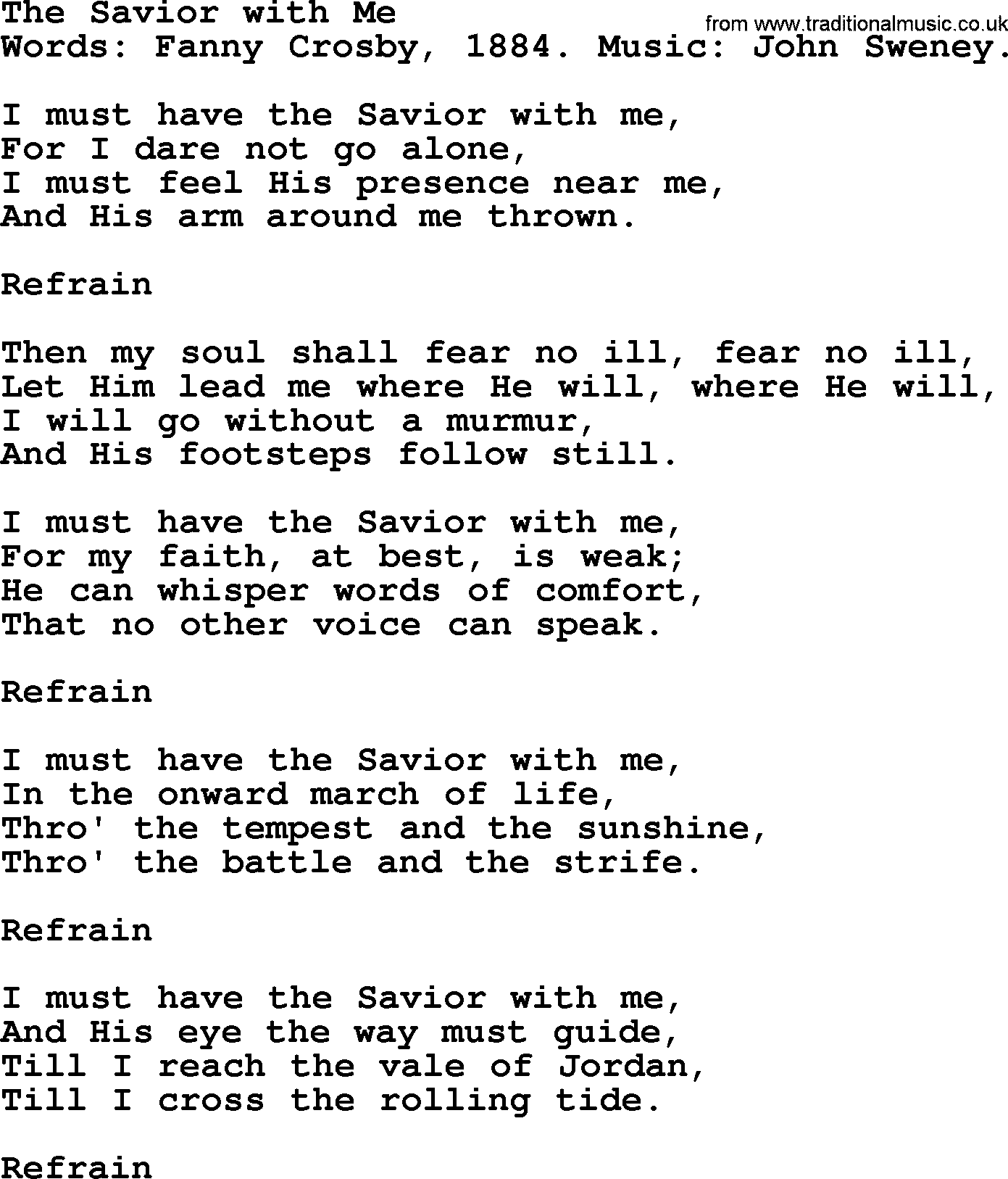 Fanny Crosby song: The Savior With Me, lyrics