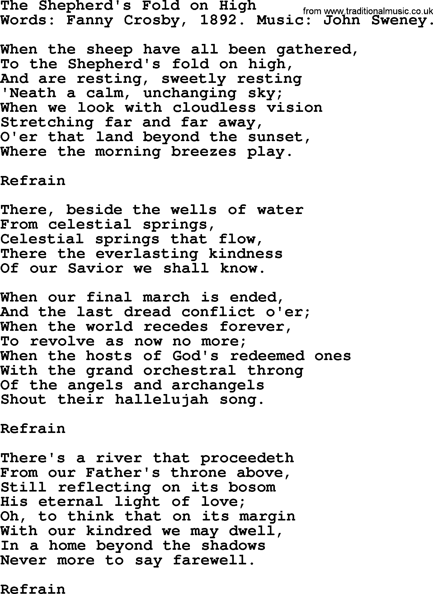 Fanny Crosby song: The Shepherd's Fold On High, lyrics