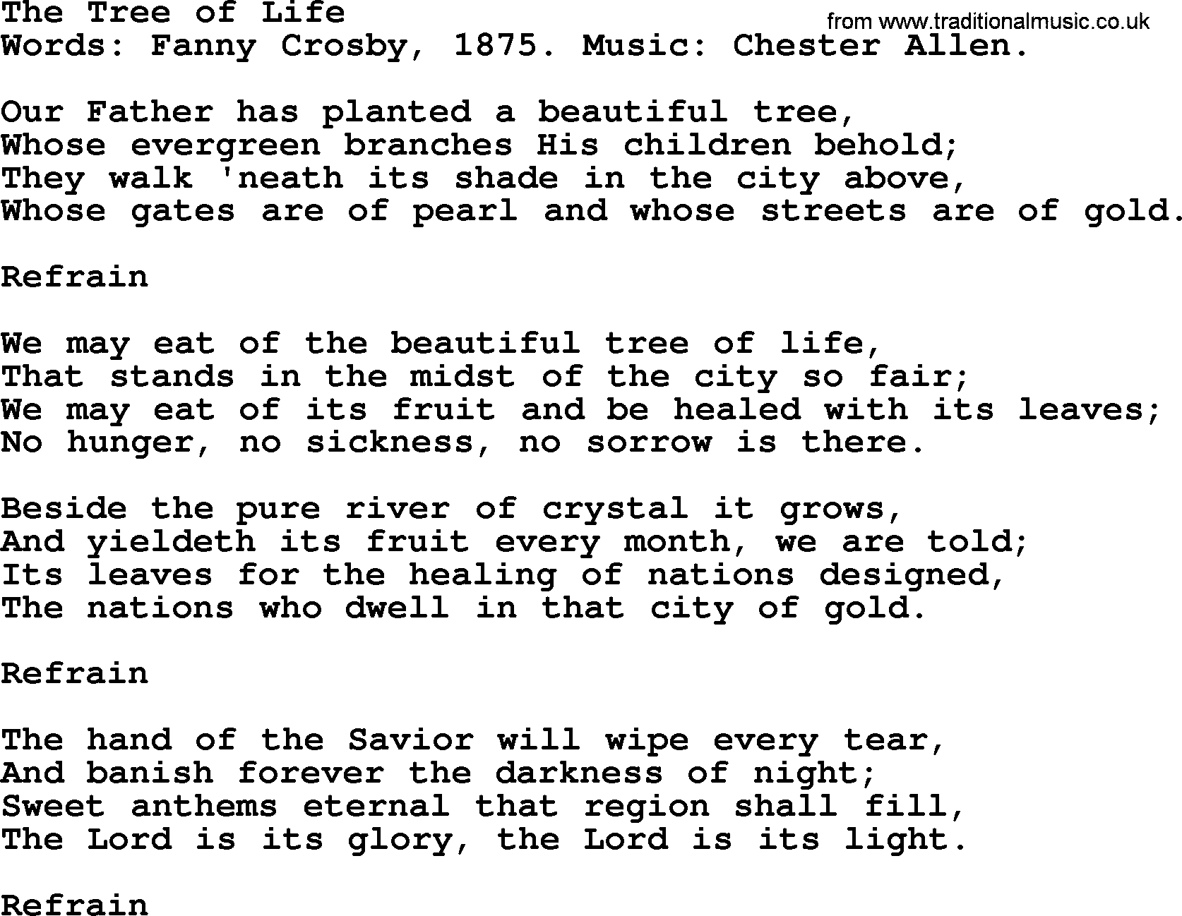 Fanny Crosby song: The Tree Of Life, lyrics
