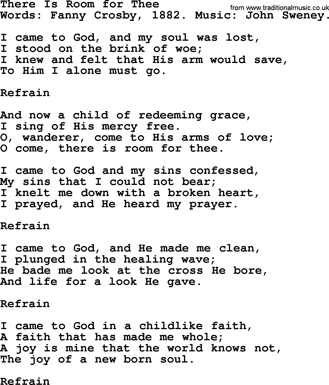 Fanny Crosby song: There Is Room For Thee, lyrics