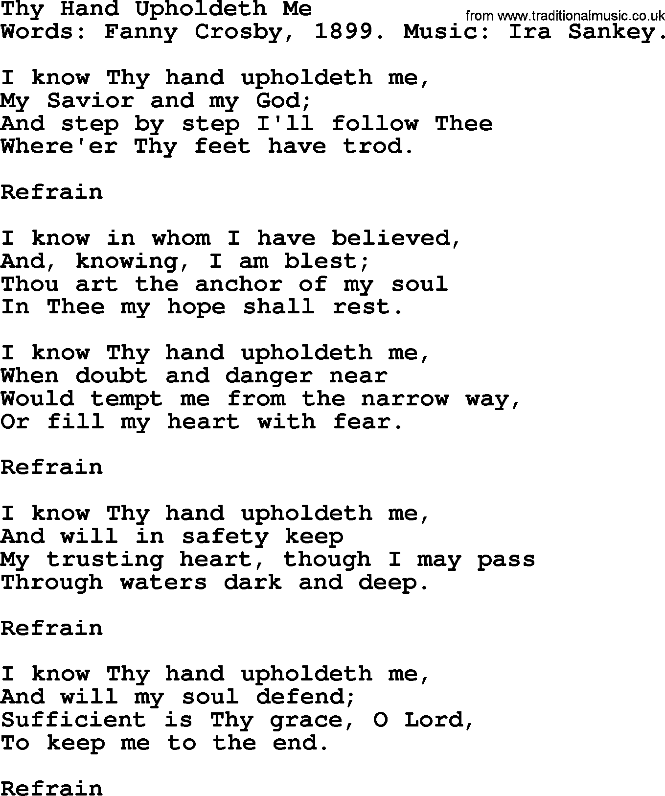 Fanny Crosby song: Thy Hand Upholdeth Me, lyrics