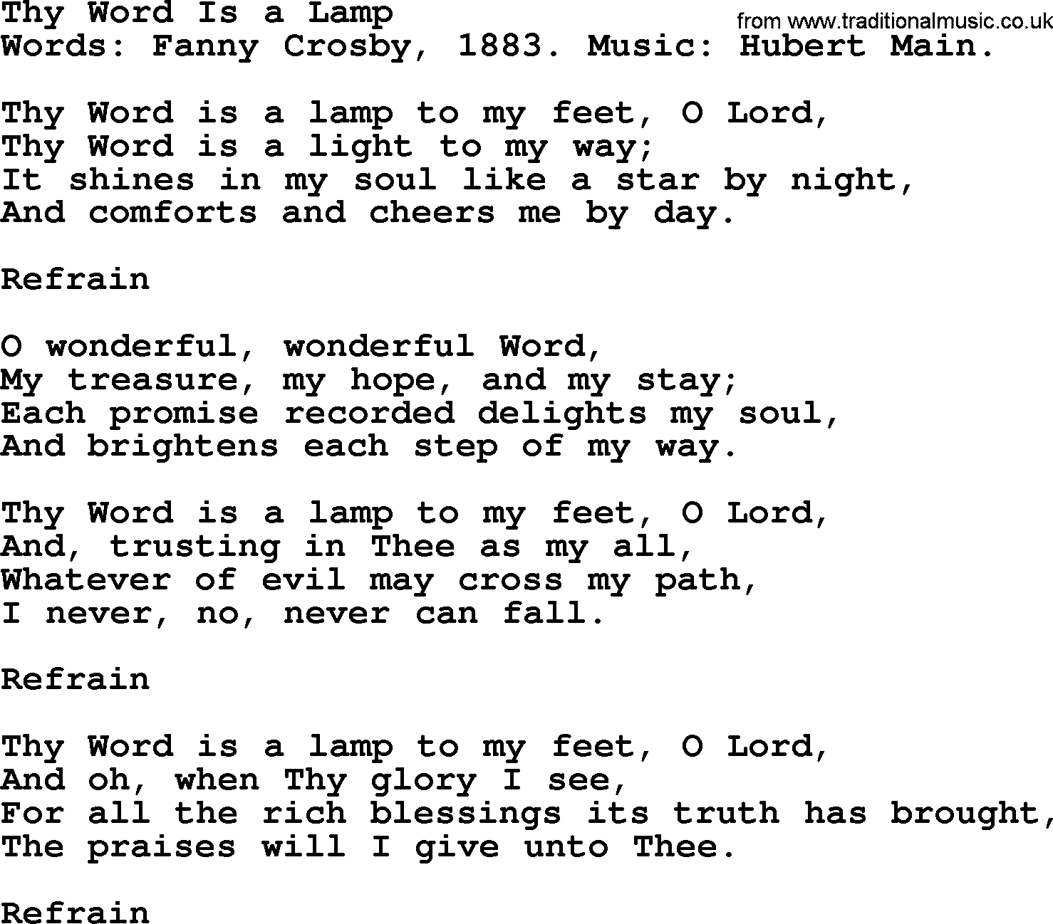Fanny Crosby song: Thy Word Is A Lamp, lyrics