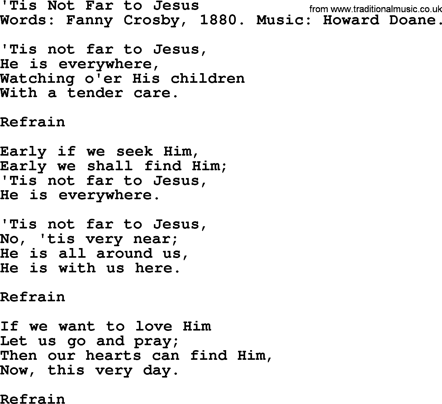 Fanny Crosby song: Tis Not Far To Jesus, lyrics