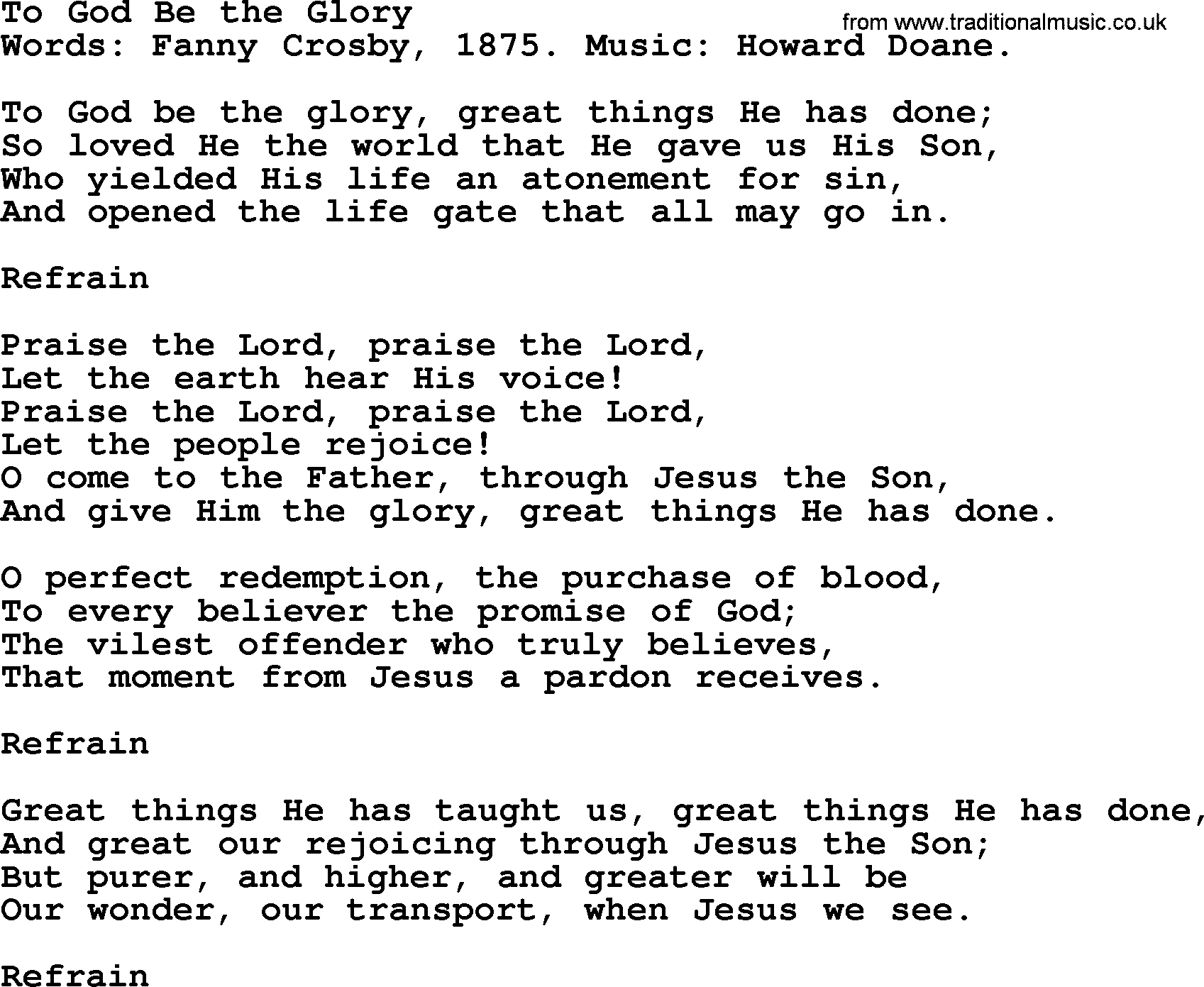 Fanny Crosby song: To God Be The Glory, lyrics