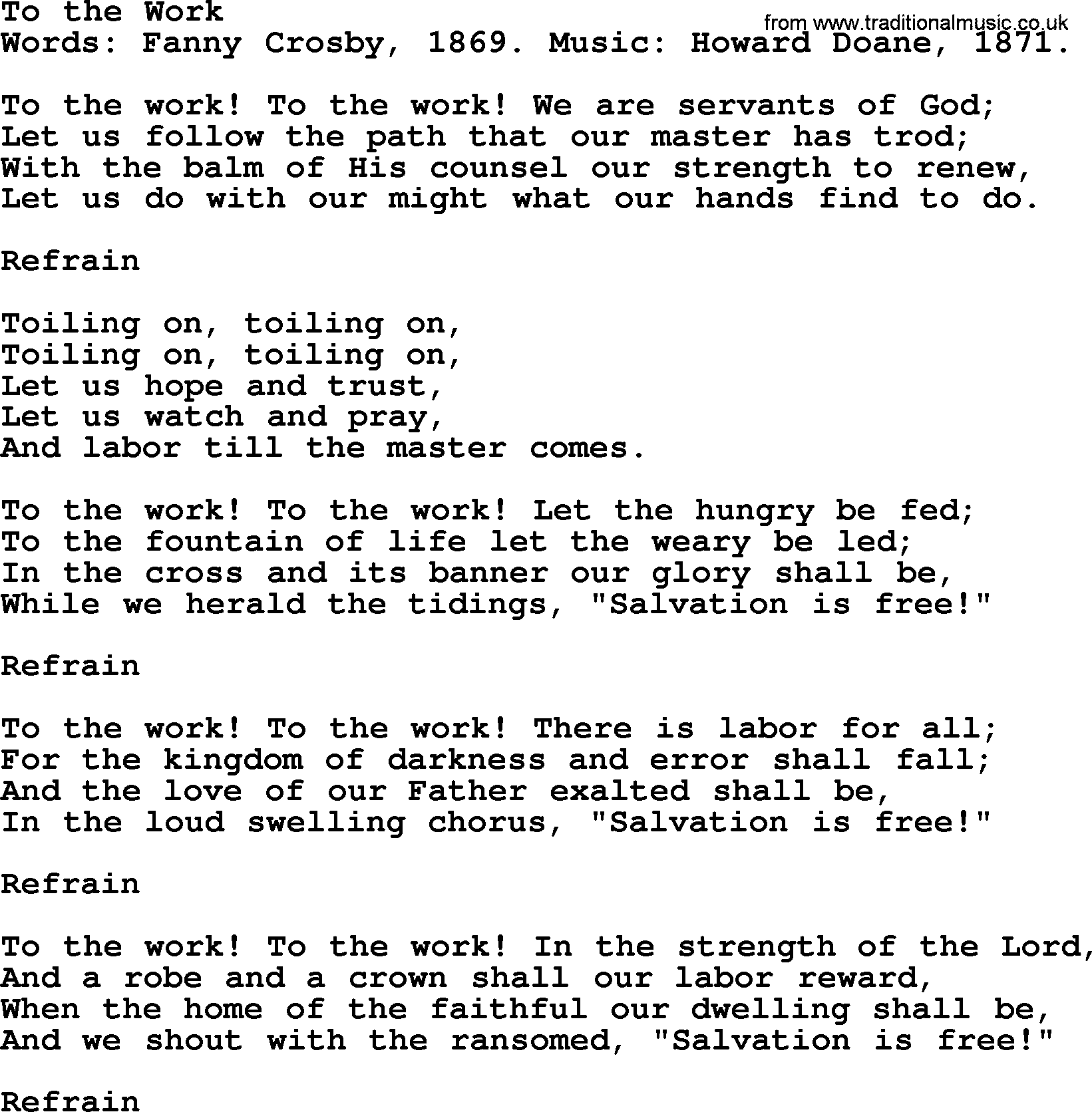 Fanny Crosby song: To The Work, lyrics