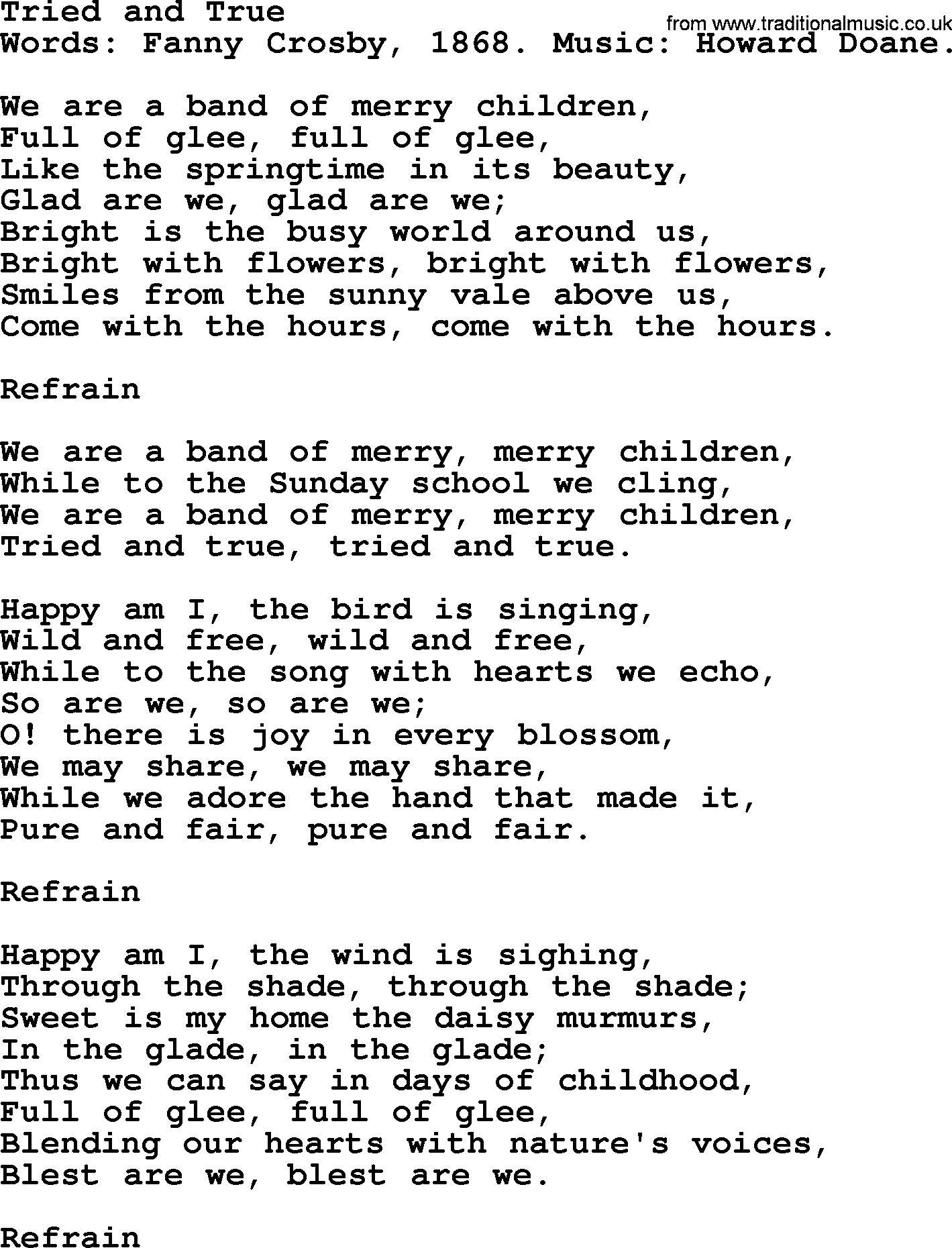 Fanny Crosby song: Tried And True, lyrics